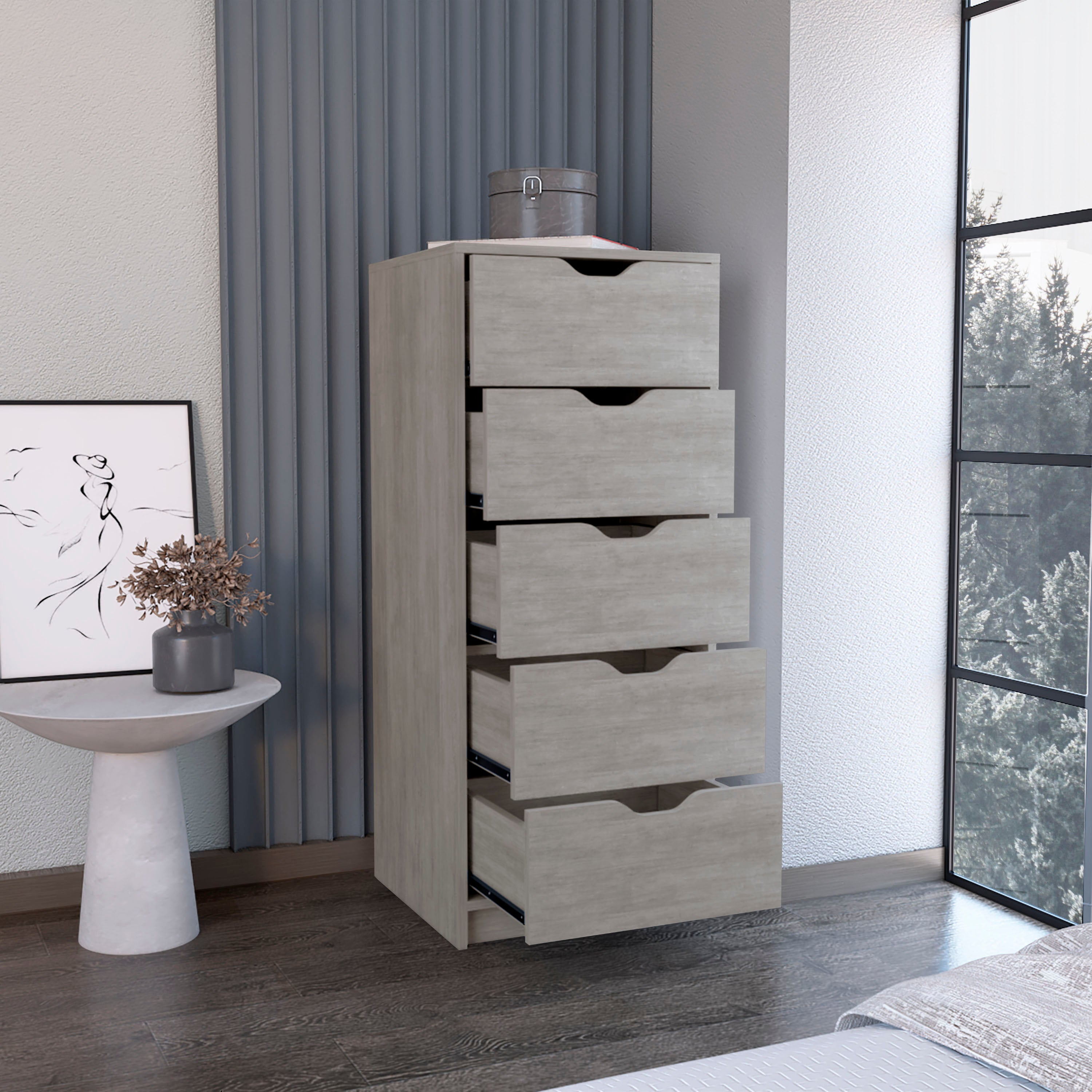 Houma 5 Drawers Narrow Dresser, Slim Storage Chest of Drawers, Concrete Gray - Luciddepo