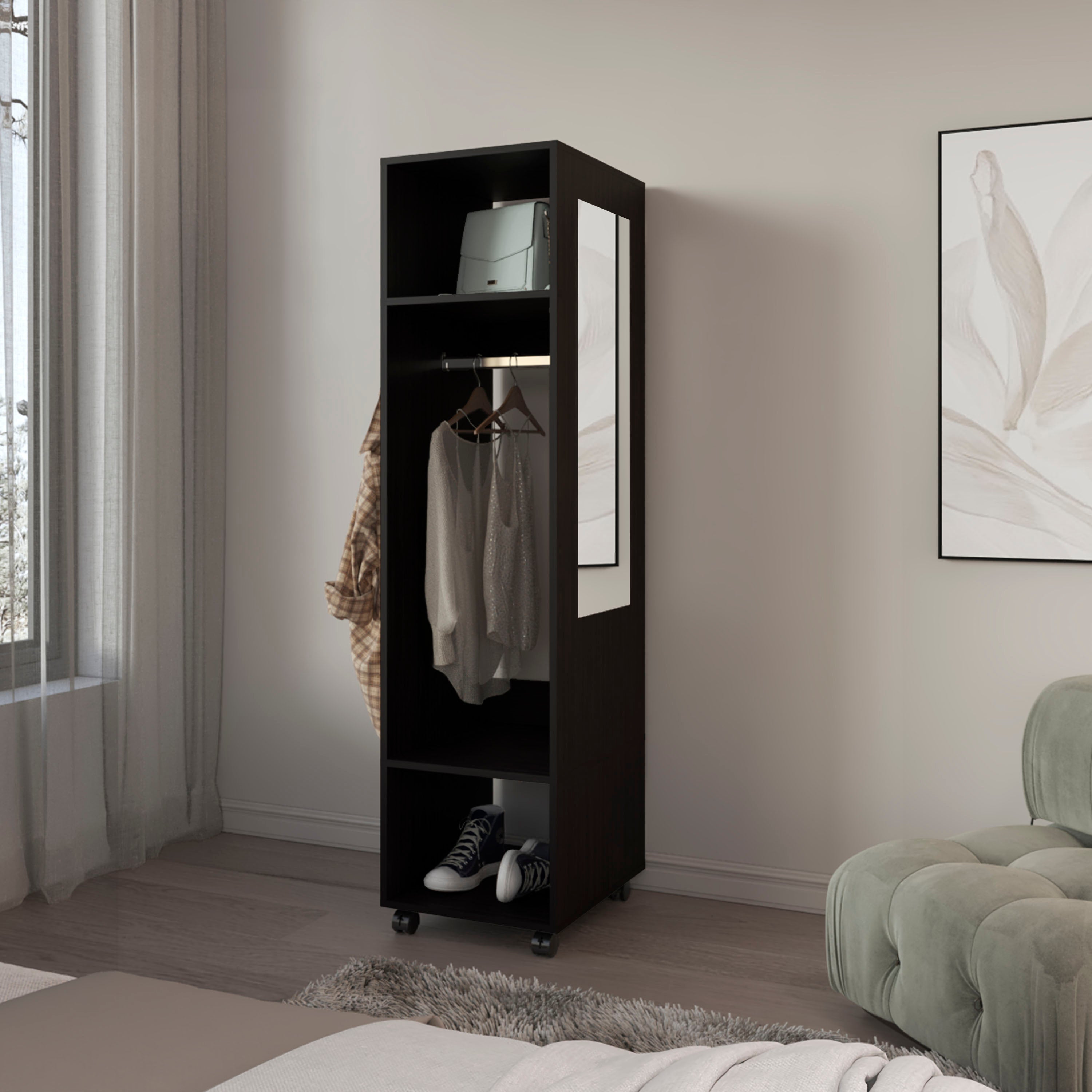 Cordova Armoire with 3 Shelves, 1 Mirror, and 4 Wheels, Black - Luciddepo