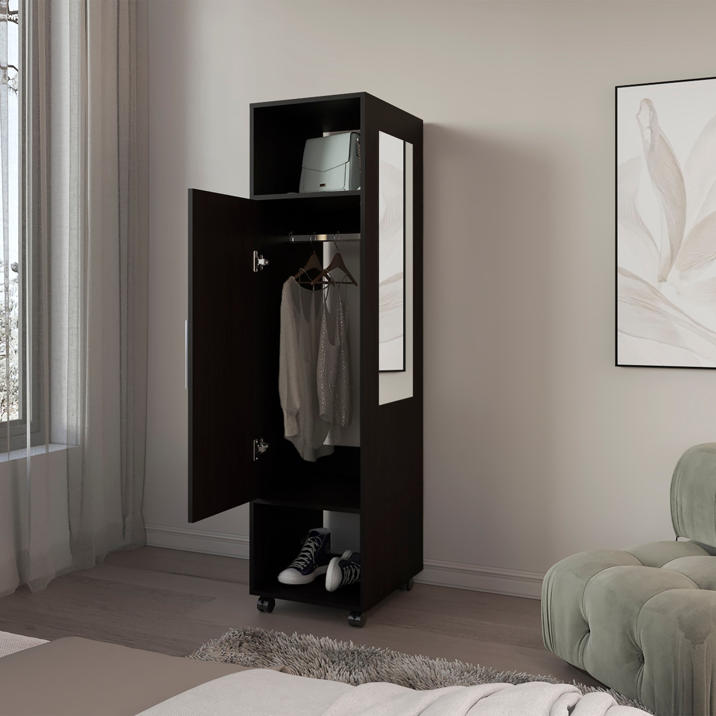 Ambler Armoire with 1 Door, 3 Shelves, and Full-Length Mirror, Black - Luciddepo