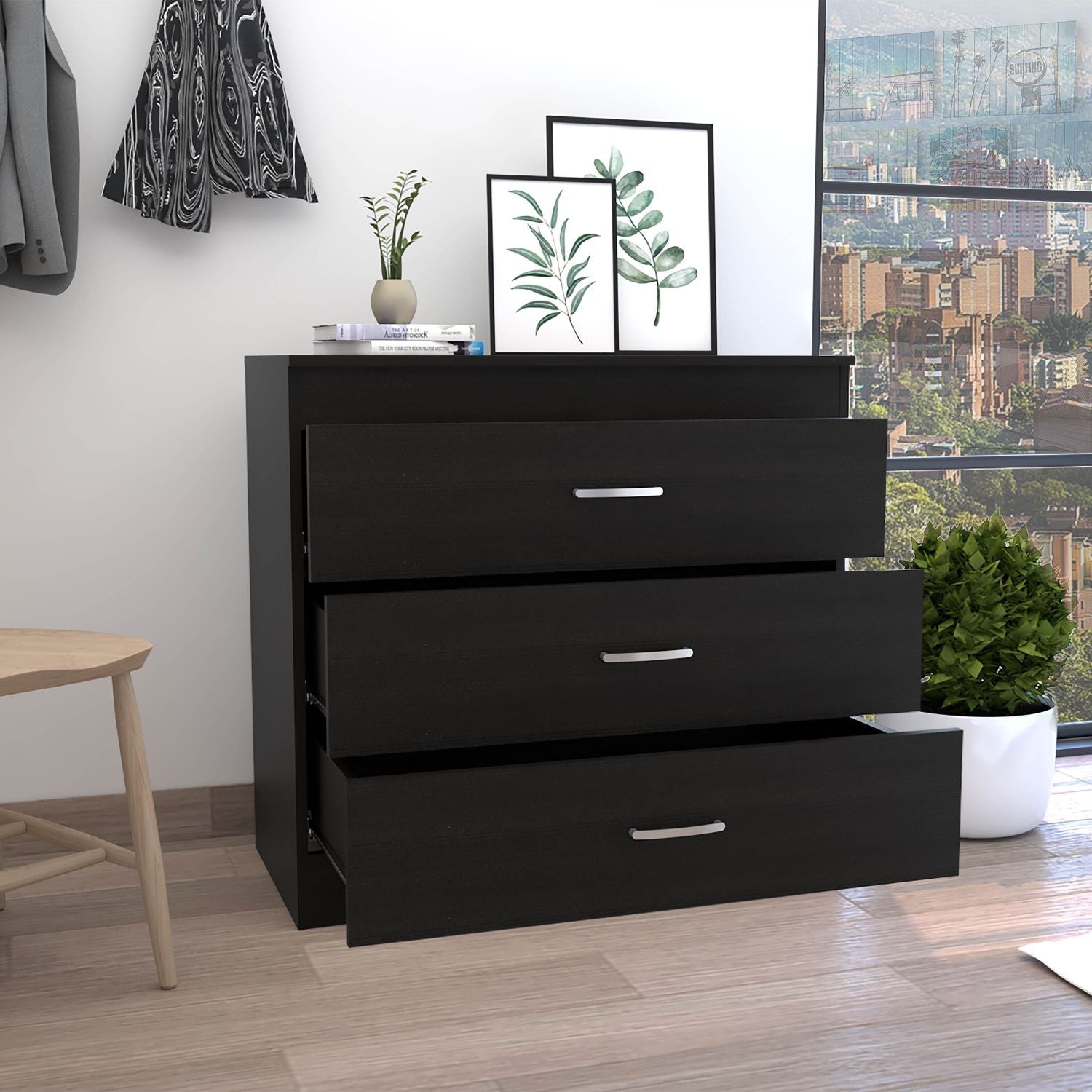 Zurich Three Drawers Dresser, Metal Hardware, Superior Top, Black - Luciddepo