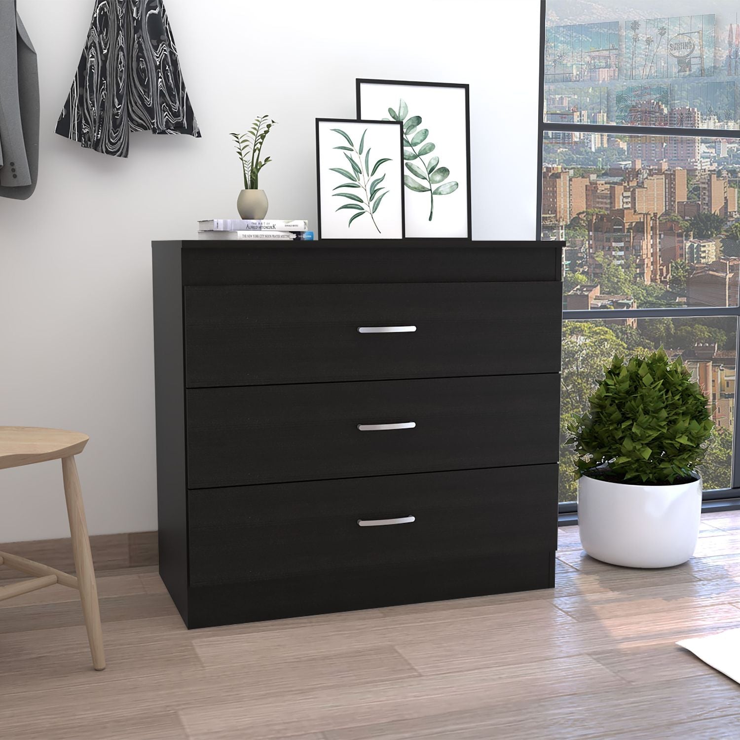 Zurich Three Drawers Dresser, Metal Hardware, Superior Top, Black - Luciddepo