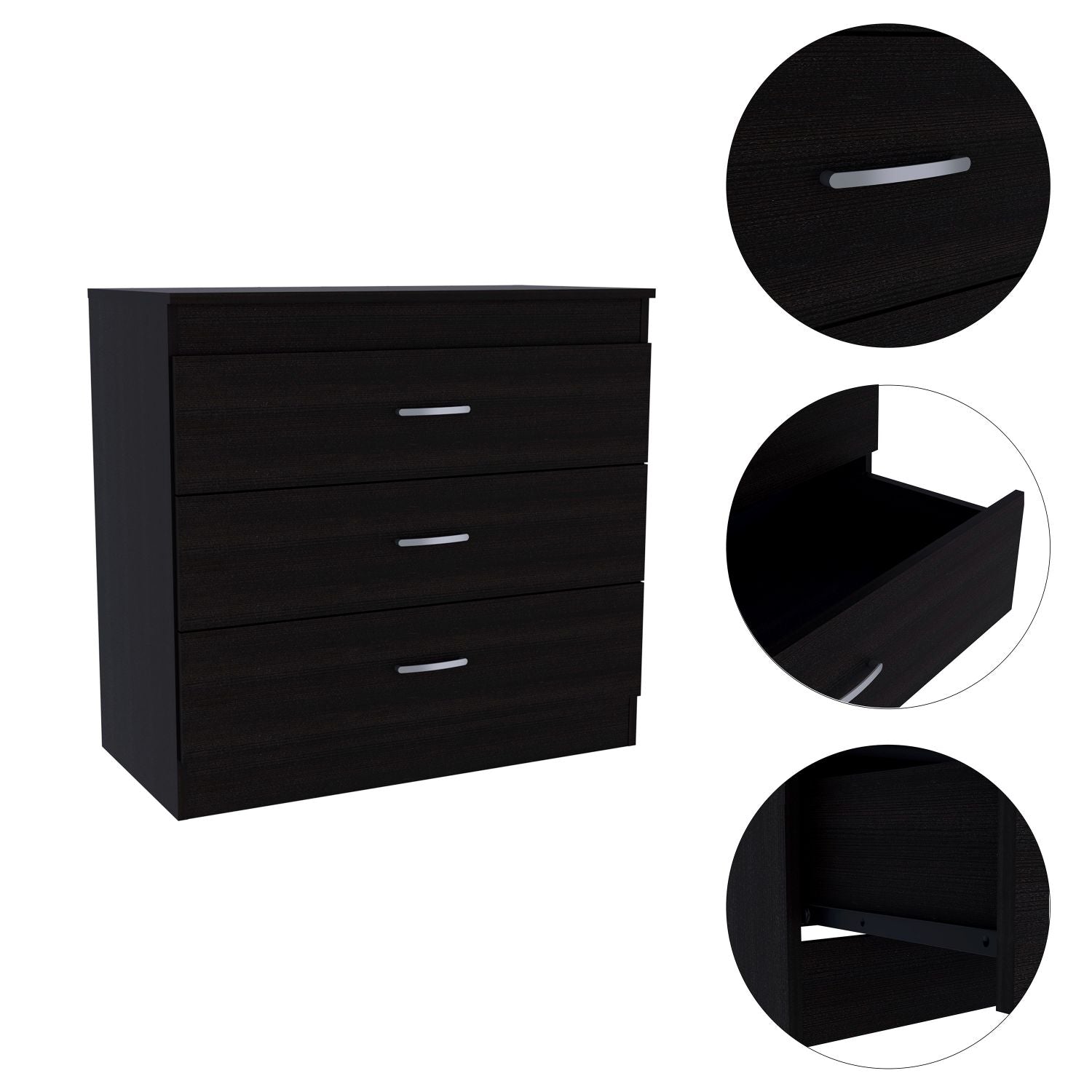 Zurich Three Drawers Dresser, Metal Hardware, Superior Top, Black - Luciddepo