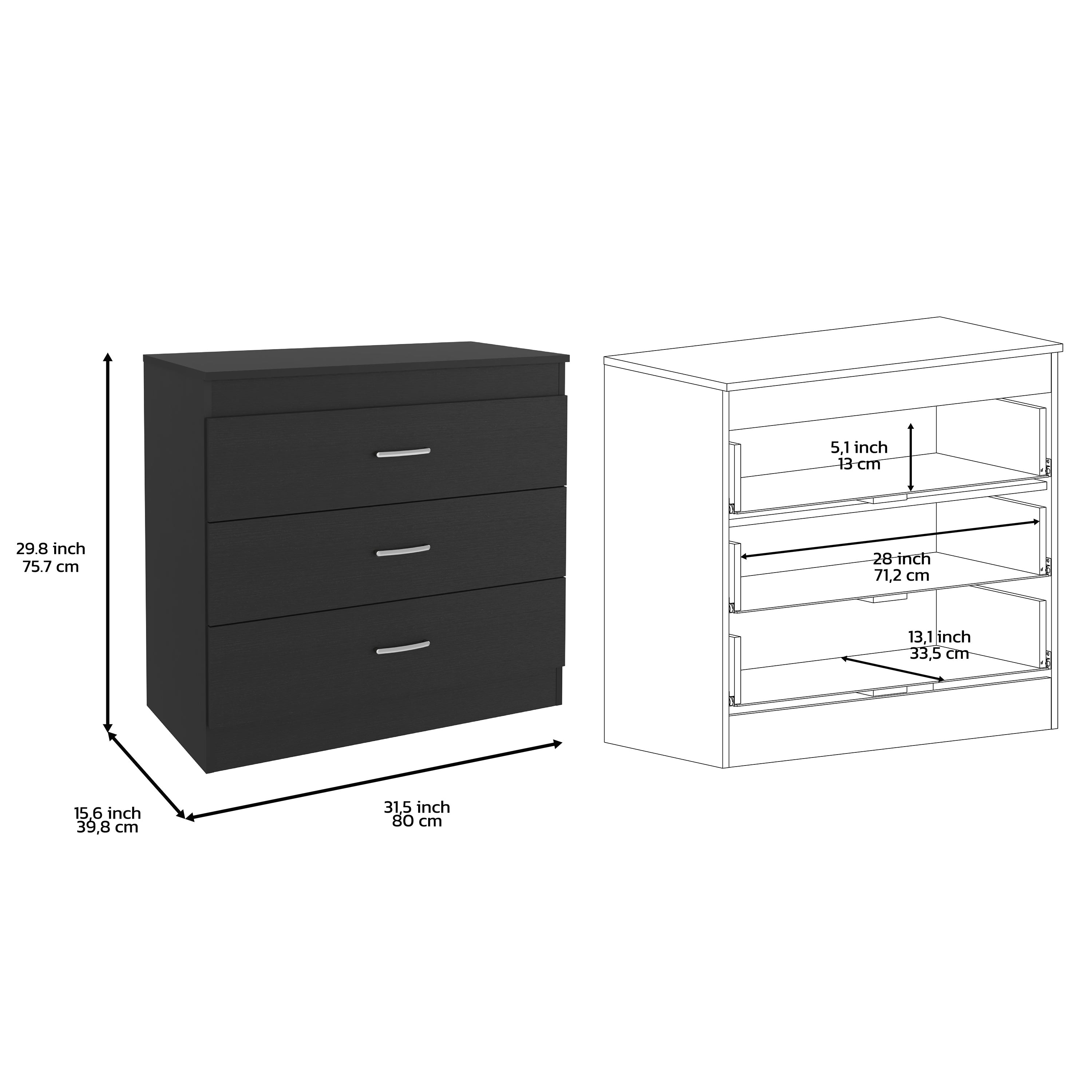Zurich Three Drawers Dresser, Metal Hardware, Superior Top, Black - Luciddepo