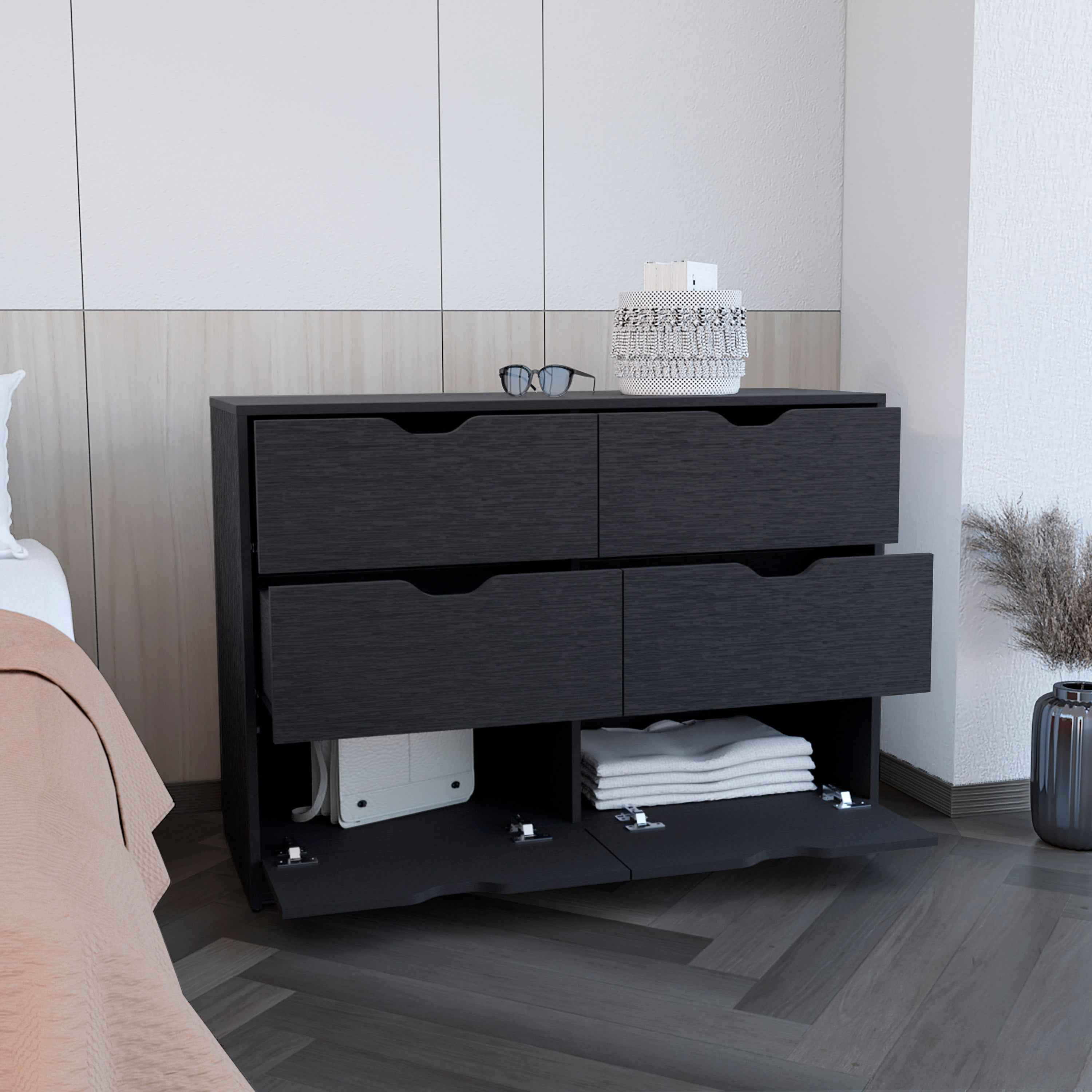 Houma 4 Drawer Dresser with 2 Lower Cabinets, Drawer Chest, Black