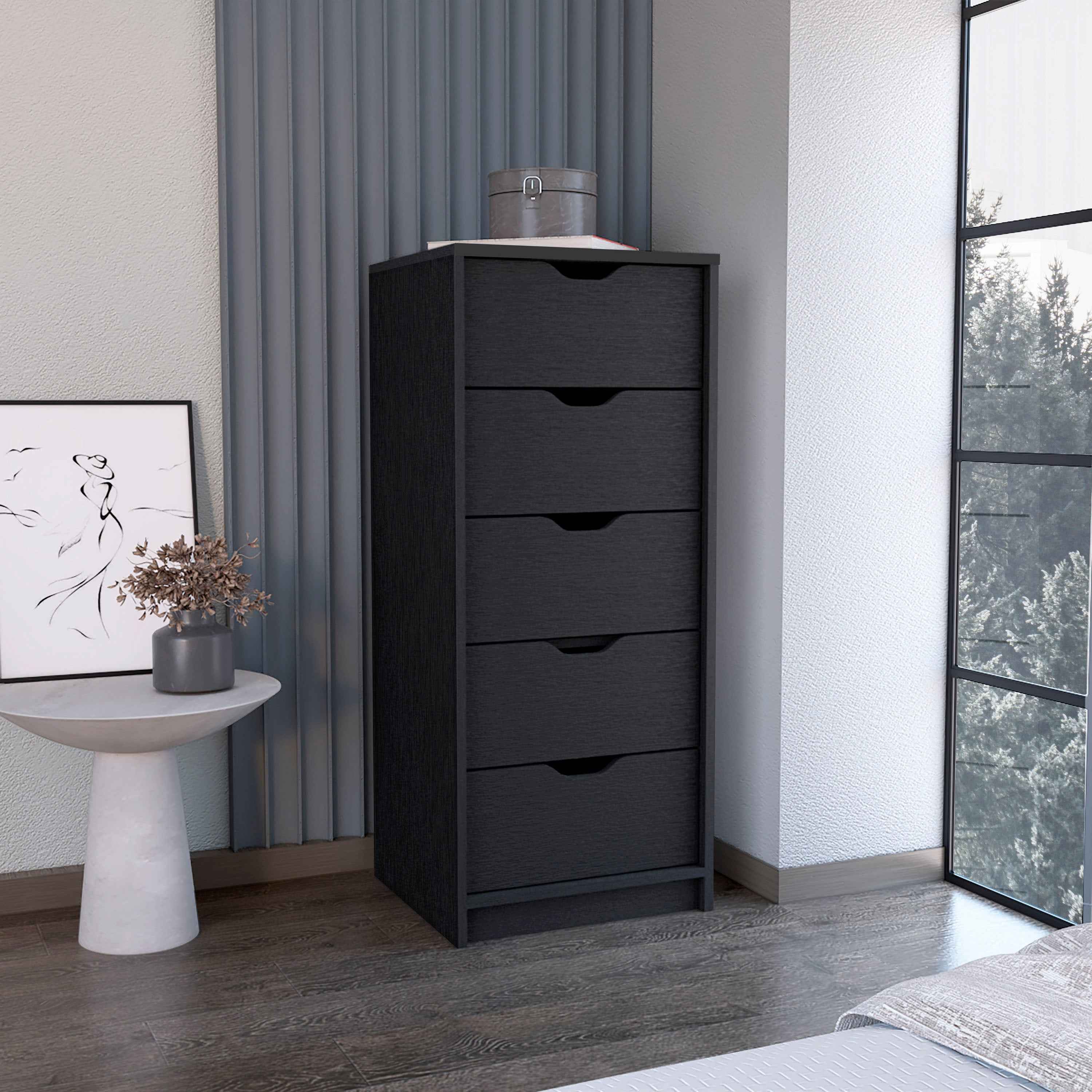 Houma 5 Drawers Narrow Dresser, Slim Storage Chest of Drawers, Black