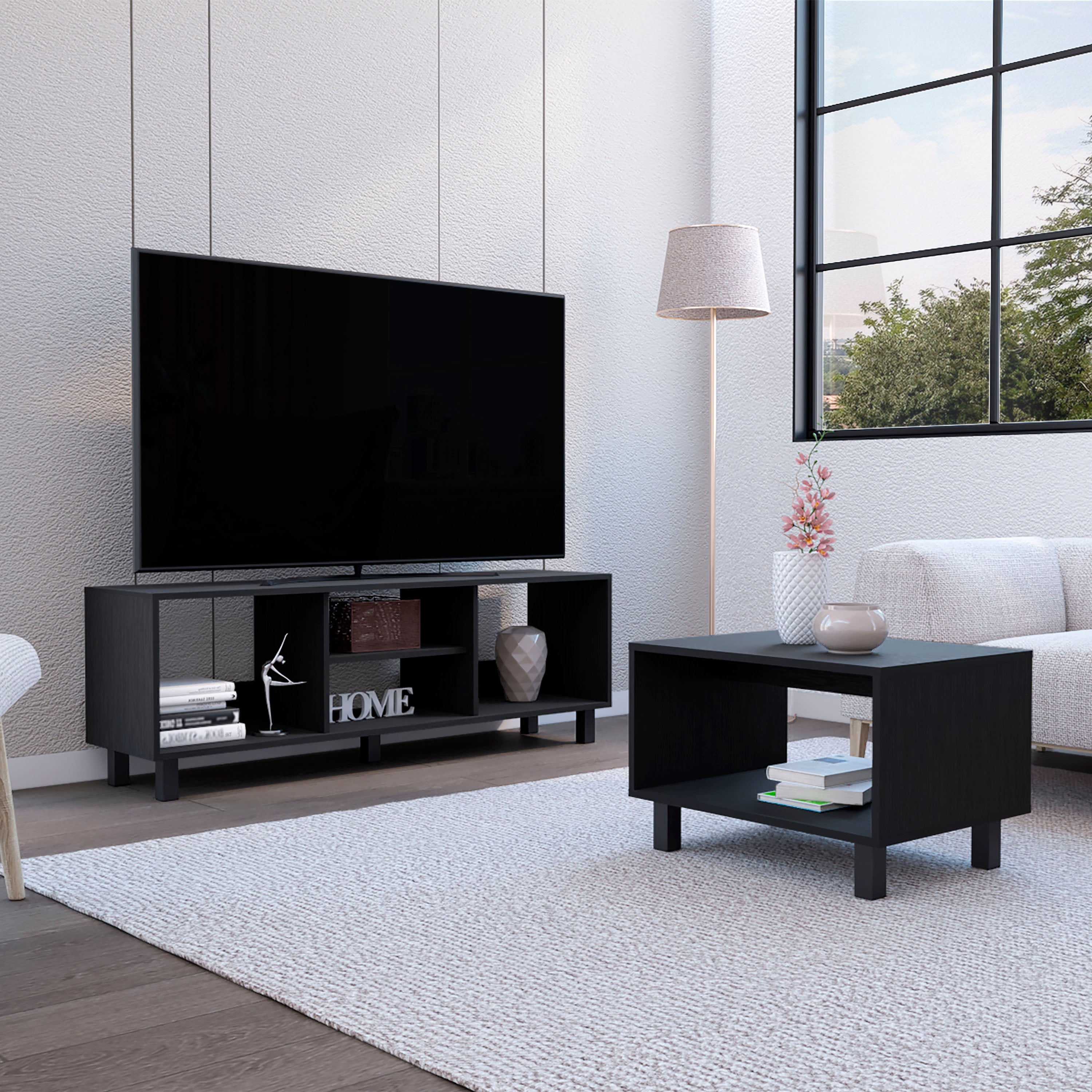 Carter 2 Piece Living Room Set, Streamlined with TV Stand and Coffee Table, Black - Luciddepo