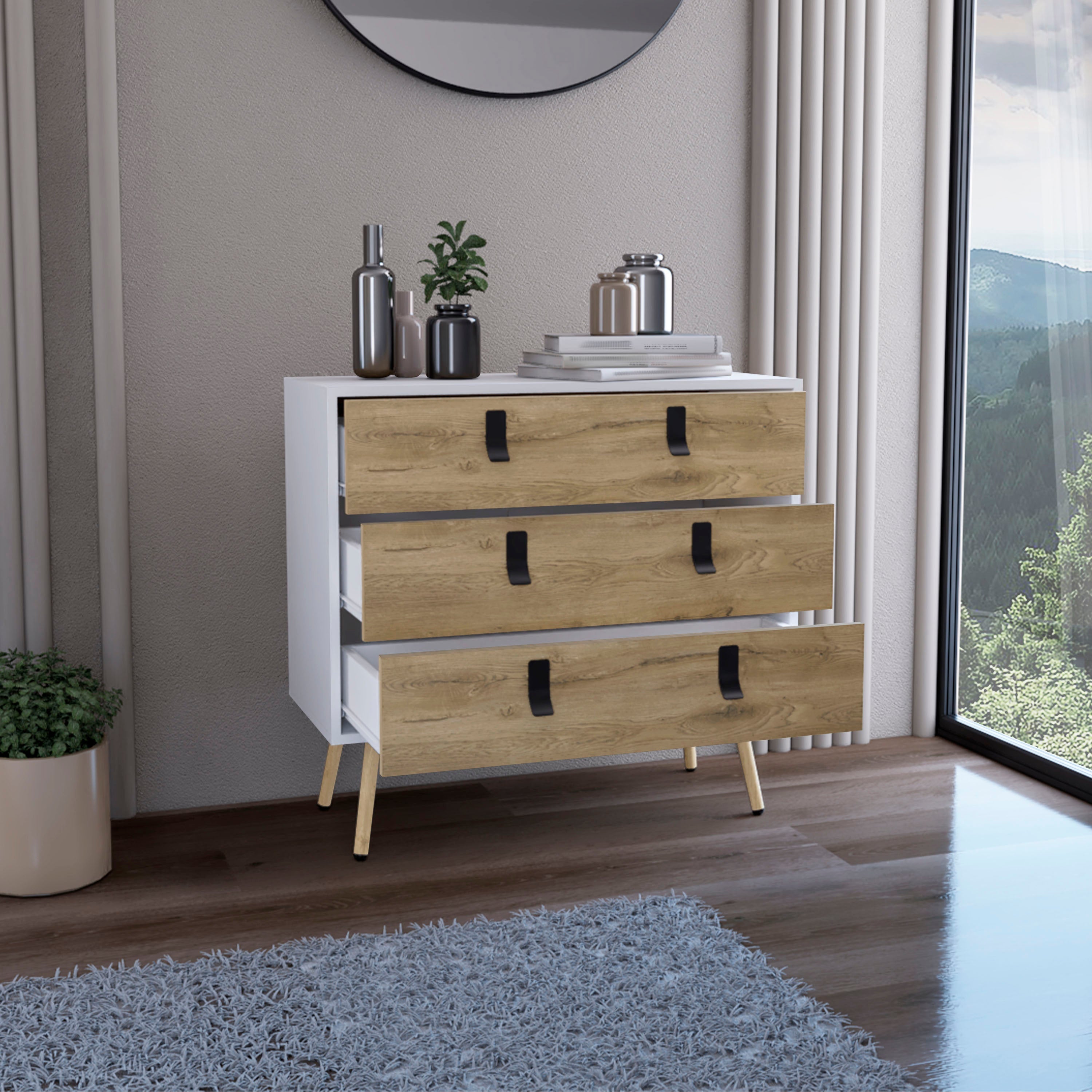 Toka 3 Drawers Dresser with Handles and Wooden Legs, White / Macadamia - Luciddepo