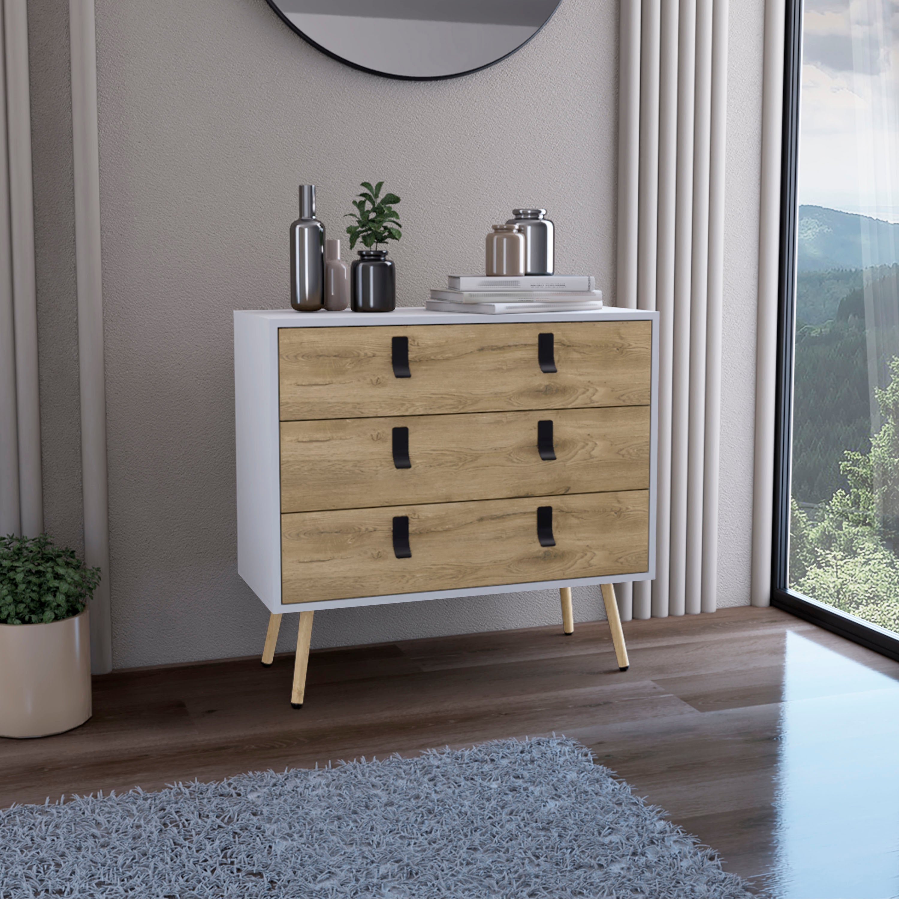 Toka 3 Drawers Dresser with Handles and Wooden Legs, White / Macadamia - Luciddepo