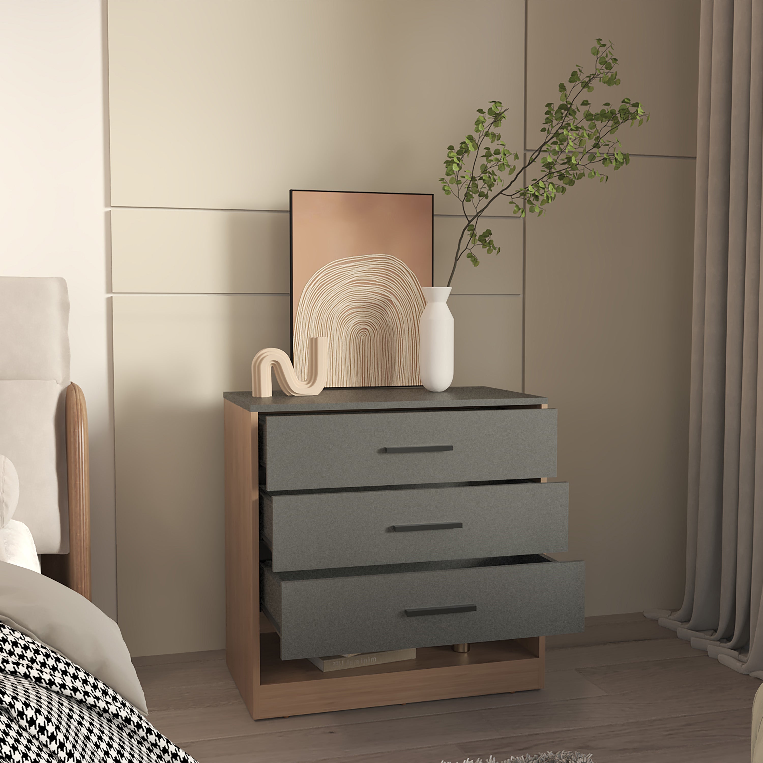 Artondale Dresser, 3 Drawers, 1 Shelf, Matt Gray / Natural Oak - Luciddepo