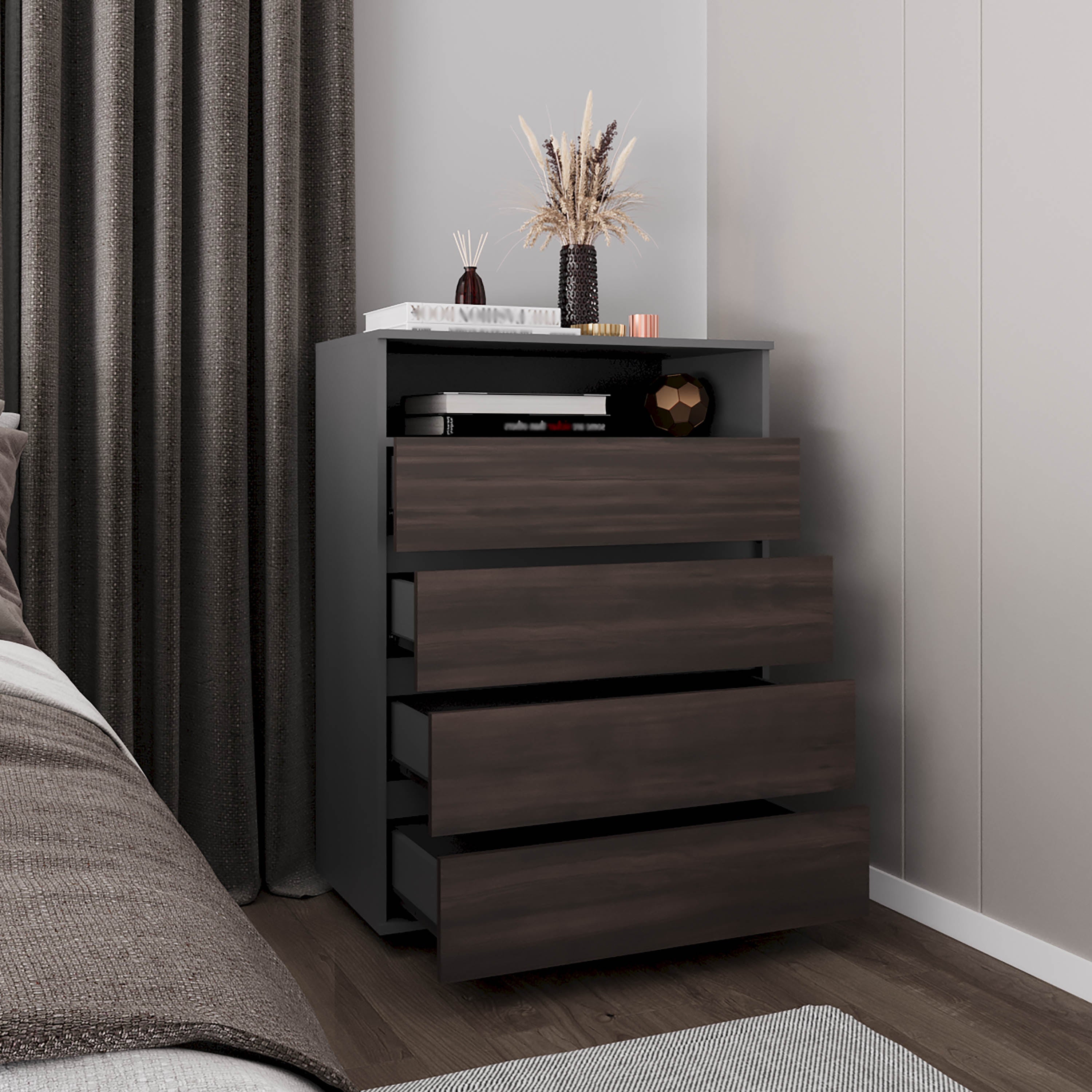Trevose Dresser, 4 Drawers, 1 Shelf, Matt Gray / Dark Oak - Luciddepo