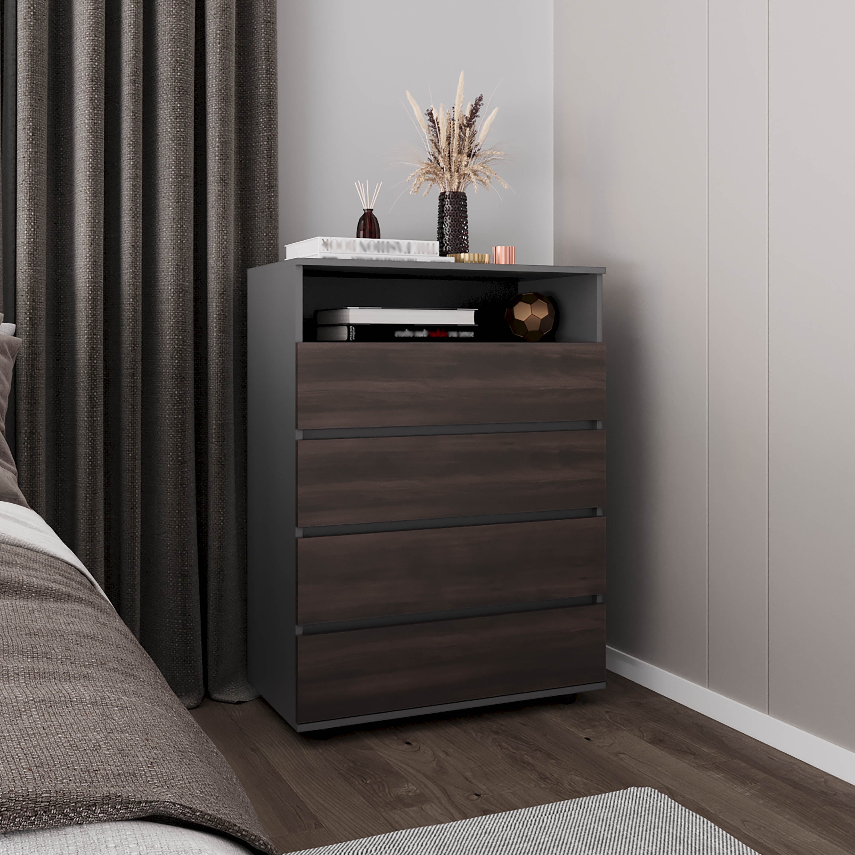 Trevose Dresser, 4 Drawers, 1 Shelf, Matt Gray / Dark Oak - Luciddepo