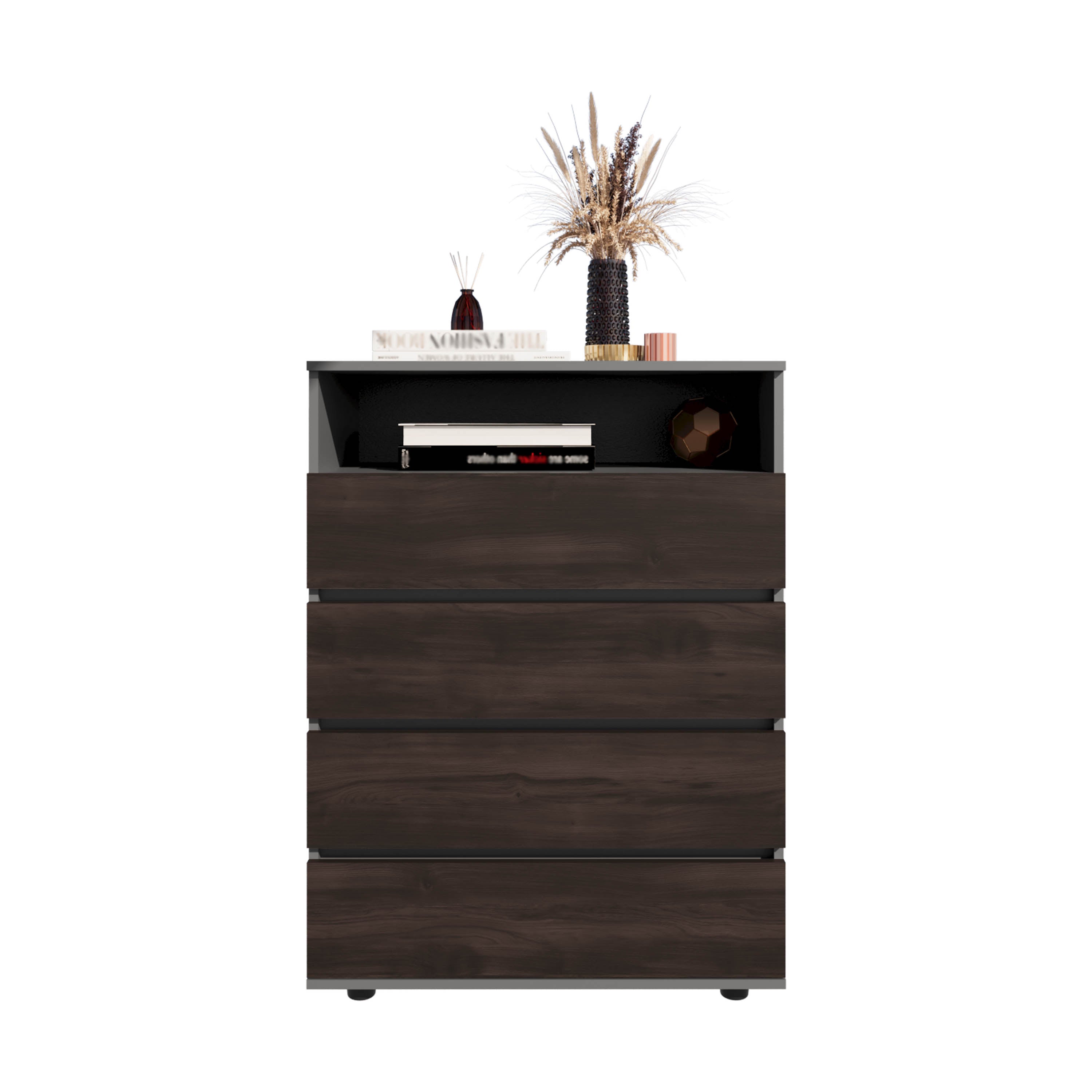 Trevose Dresser, 4 Drawers, 1 Shelf, Matt Gray / Dark Oak - Luciddepo