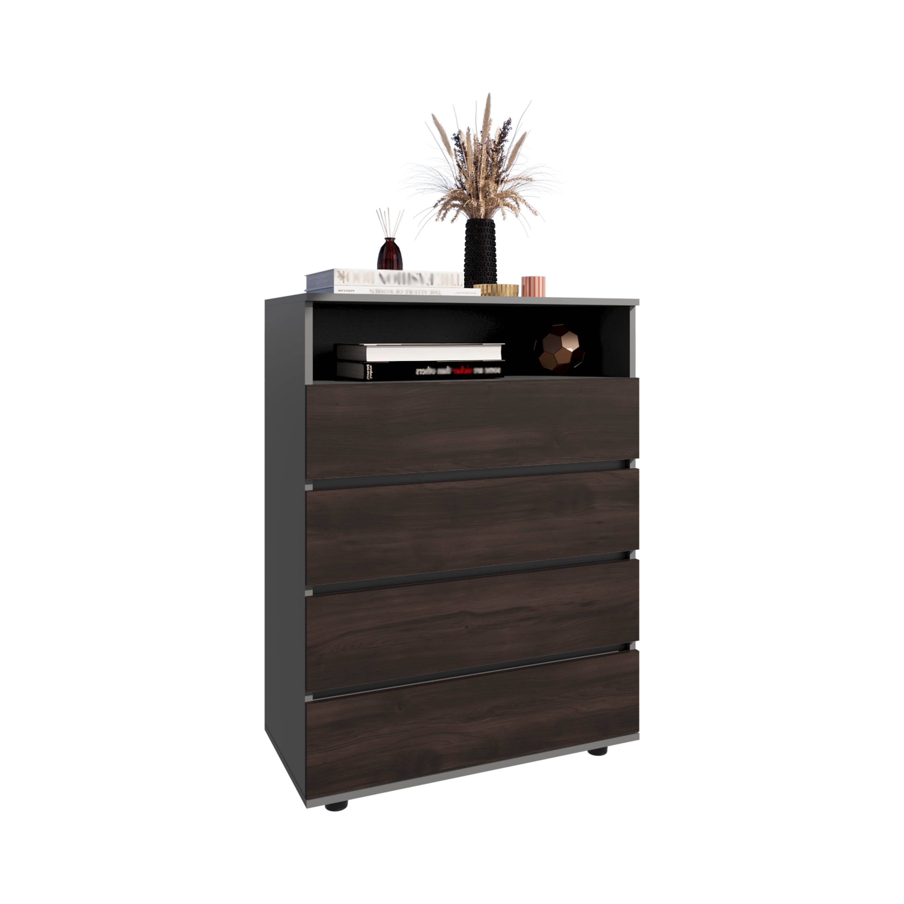 Trevose Dresser, 4 Drawers, 1 Shelf, Matt Gray / Dark Oak - Luciddepo
