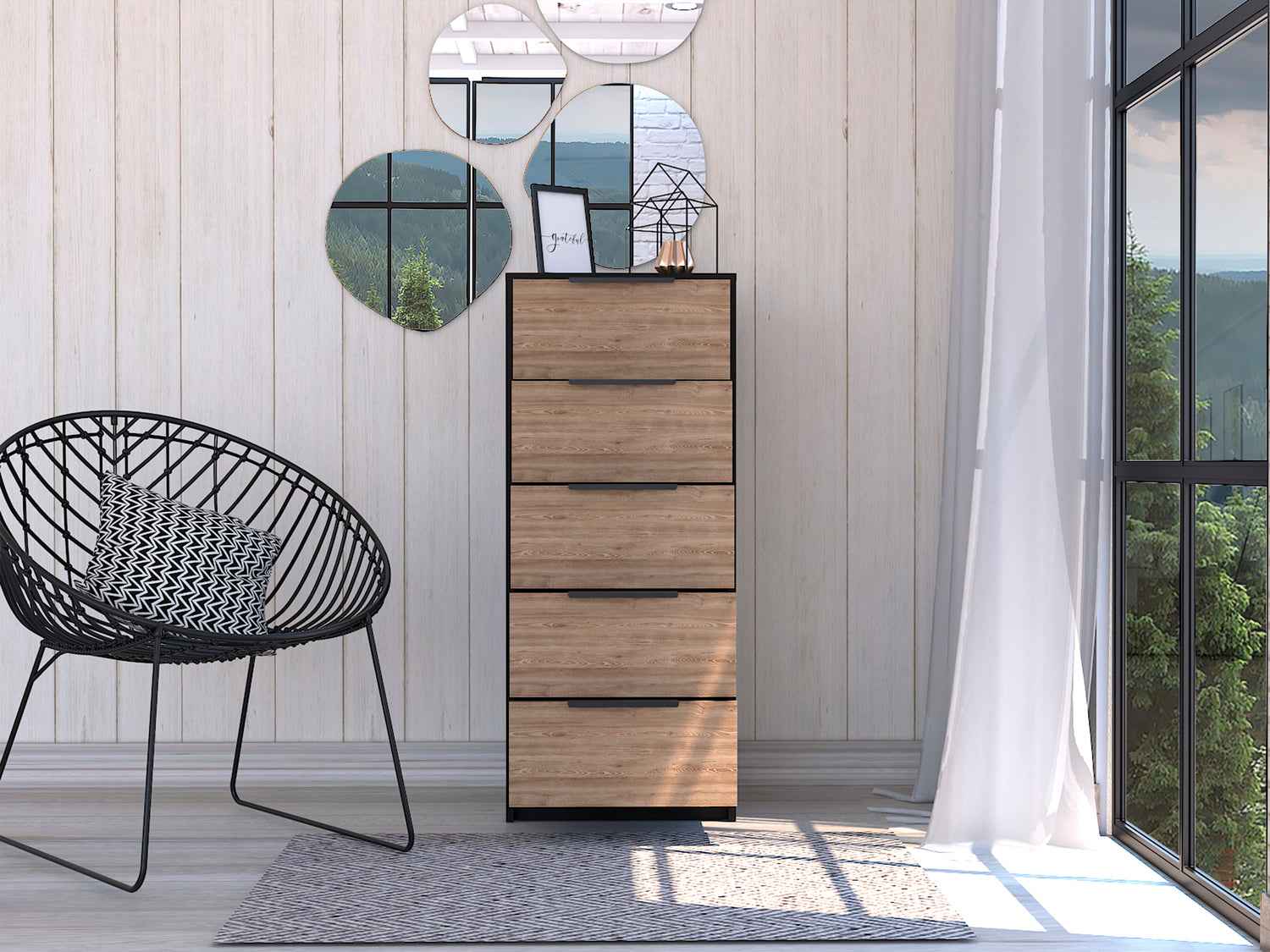 Egeo 5 Drawer Dresser, Vertical Dresser, Black / Light Oak