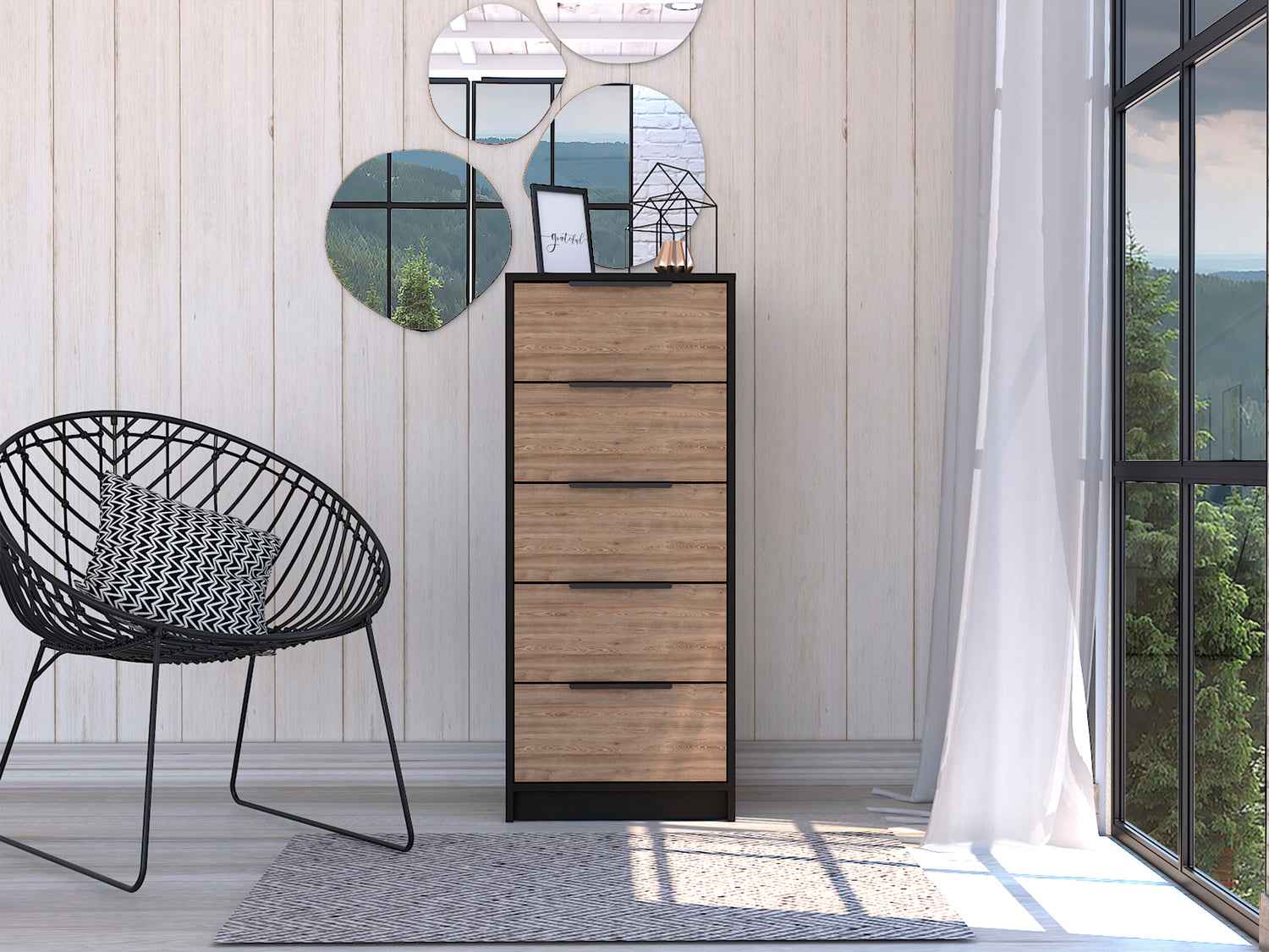 Egeo 5 Drawer Dresser, Vertical Dresser, Black / Light Oak