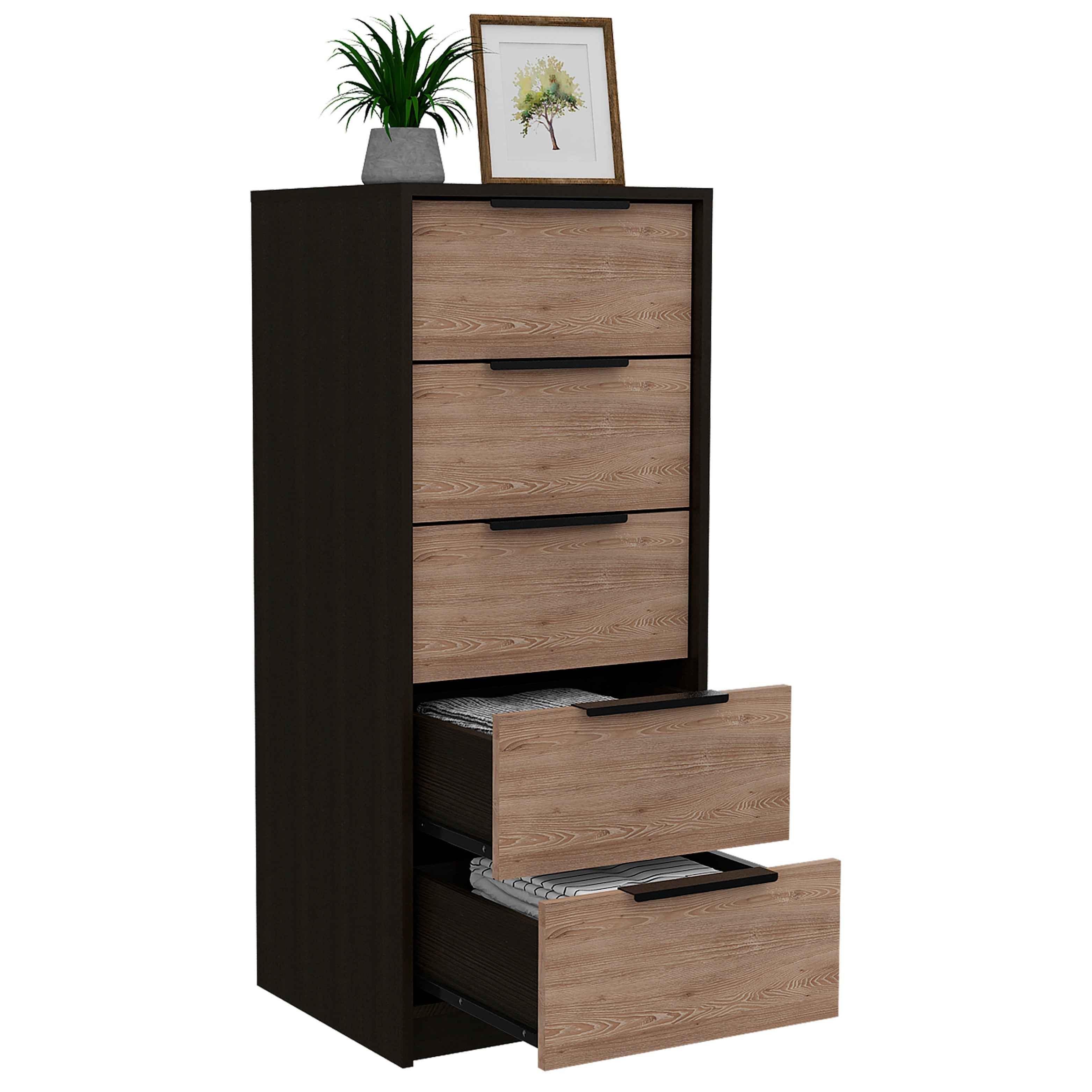 Egeo 5 Drawer Dresser, Vertical Dresser, Black / Light Oak