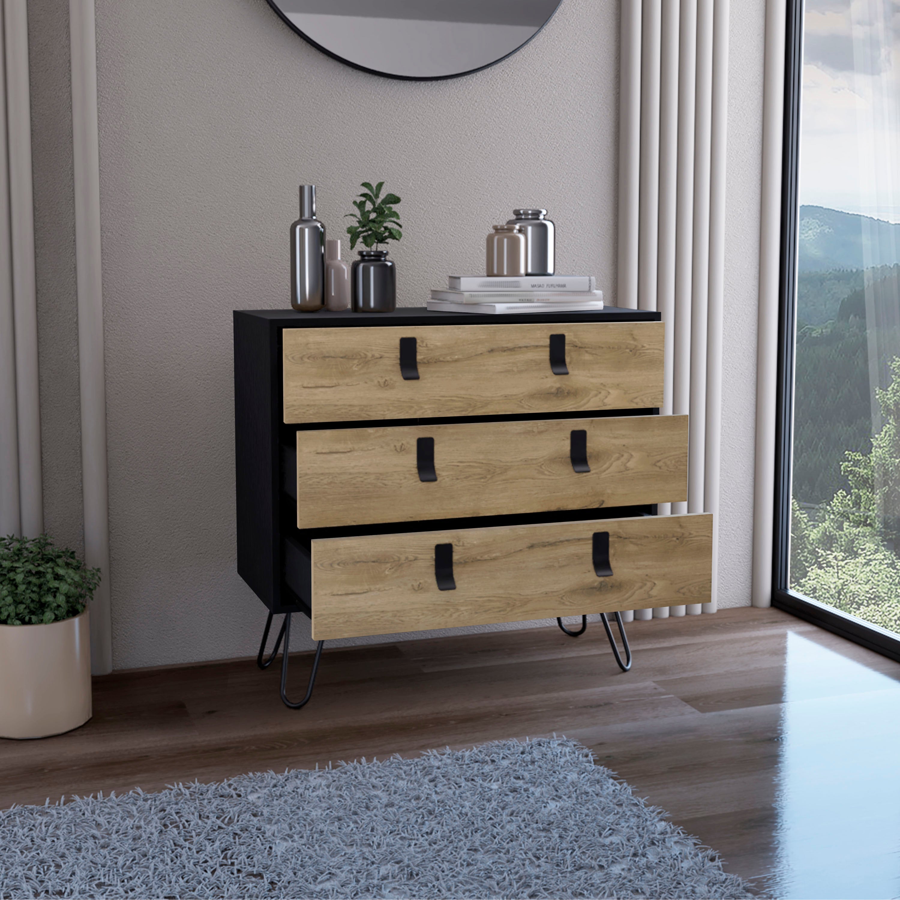 Huna 3-Drawer Dresser, Modern Chest of Drawers with Hairpin Legs and Metal Accents, Black / Macadamia - Luciddepo