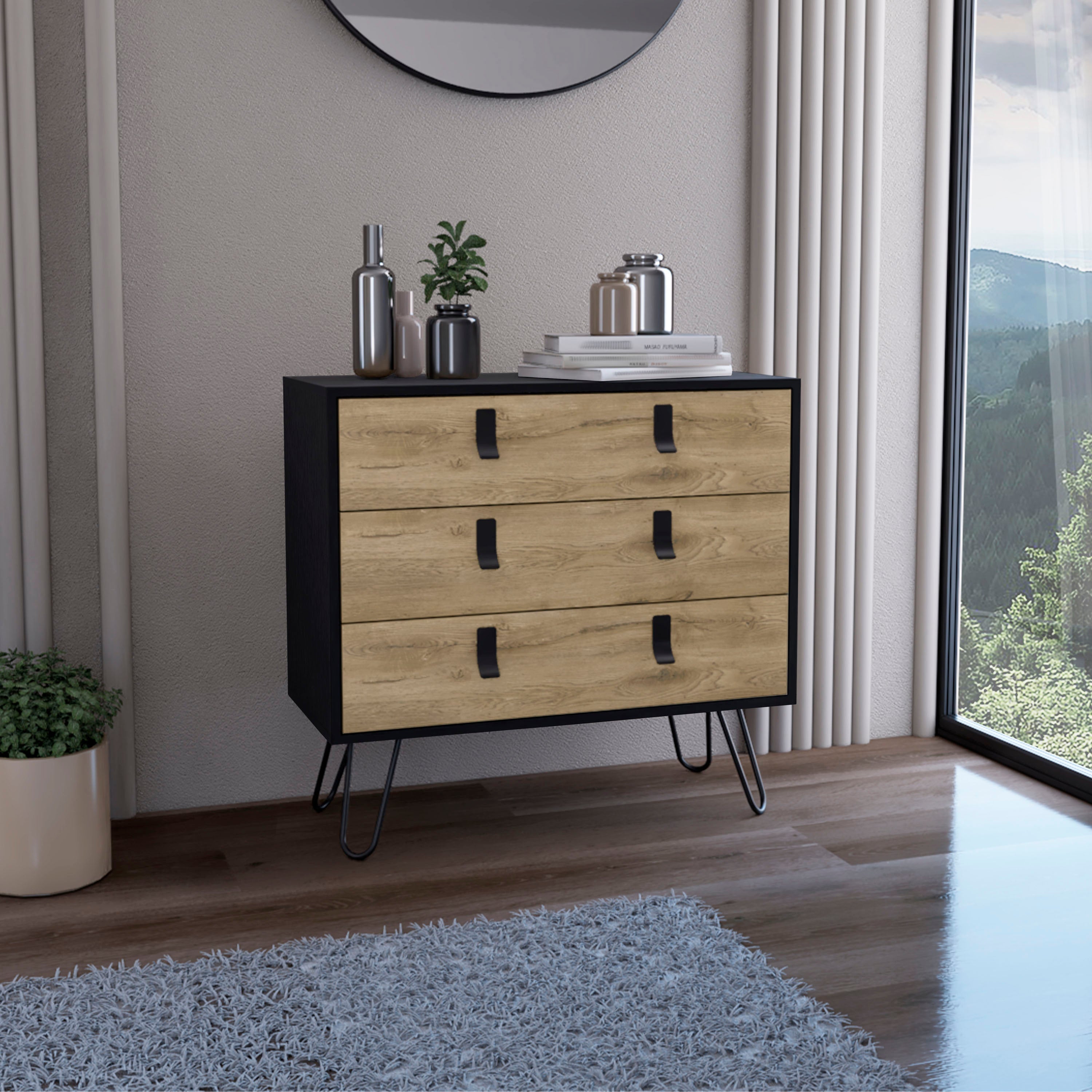 Huna 3-Drawer Dresser, Modern Chest of Drawers with Hairpin Legs and Metal Accents, Black / Macadamia - Luciddepo