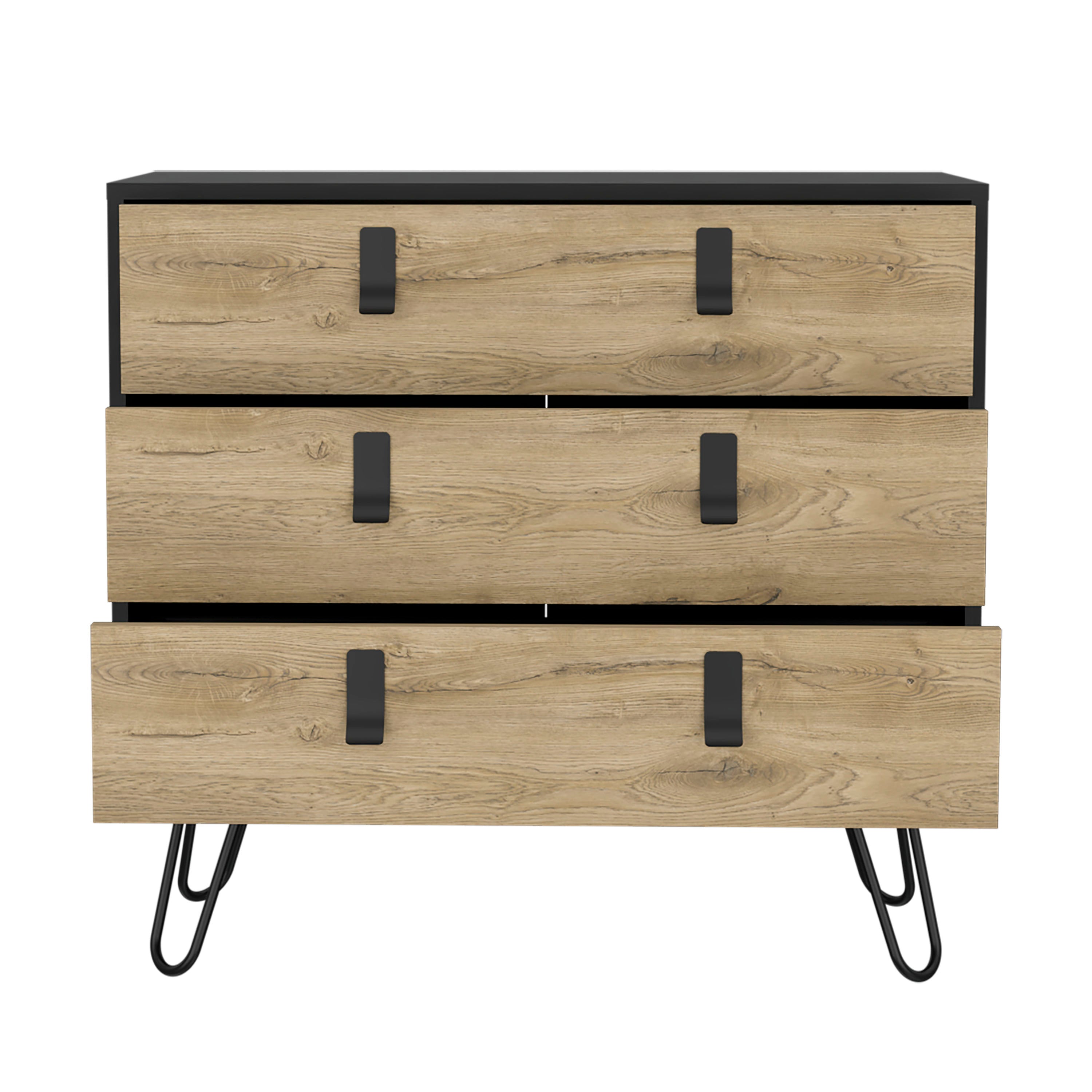 Huna 3-Drawer Dresser, Modern Chest of Drawers with Hairpin Legs and Metal Accents, Black / Macadamia - Luciddepo