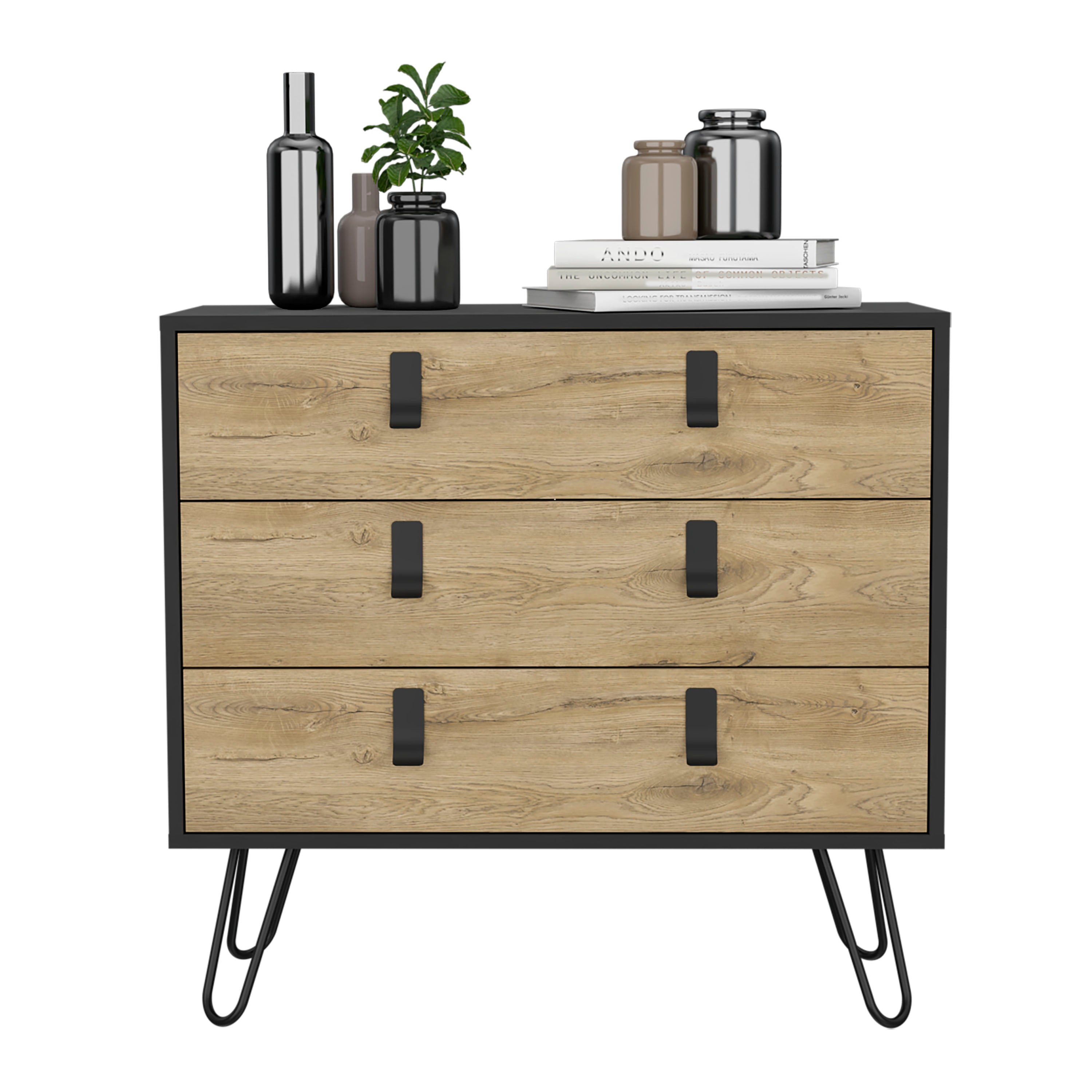 Huna 3-Drawer Dresser, Modern Chest of Drawers with Hairpin Legs and Metal Accents, Black / Macadamia - Luciddepo