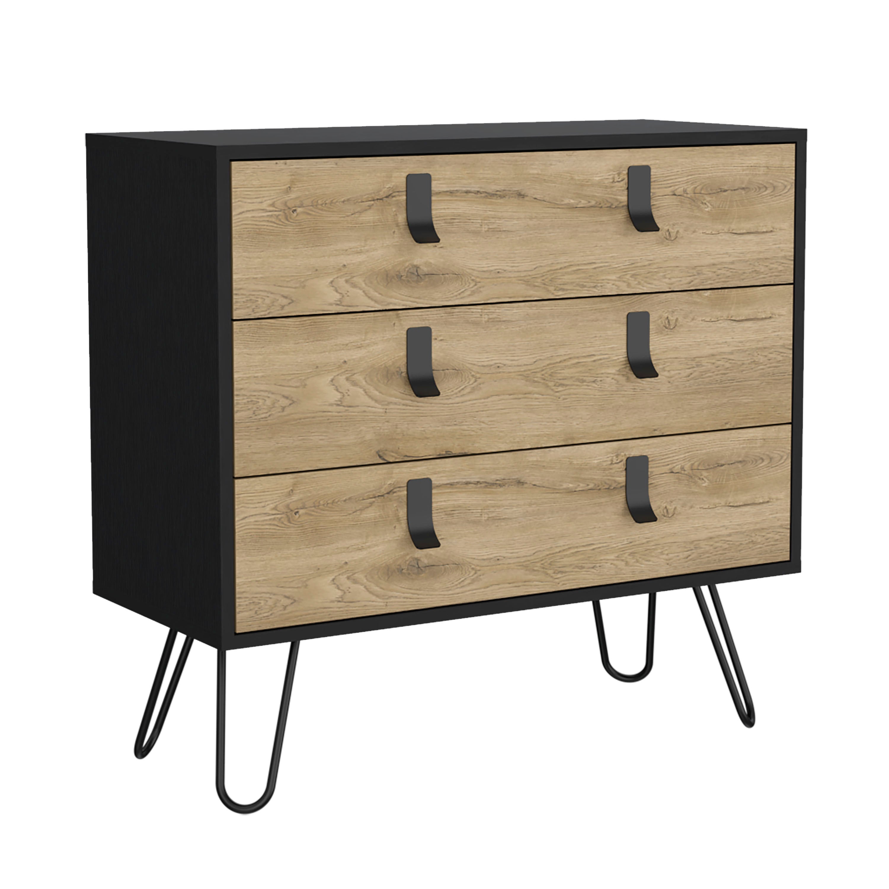 Huna 3-Drawer Dresser, Modern Chest of Drawers with Hairpin Legs and Metal Accents, Black / Macadamia - Luciddepo