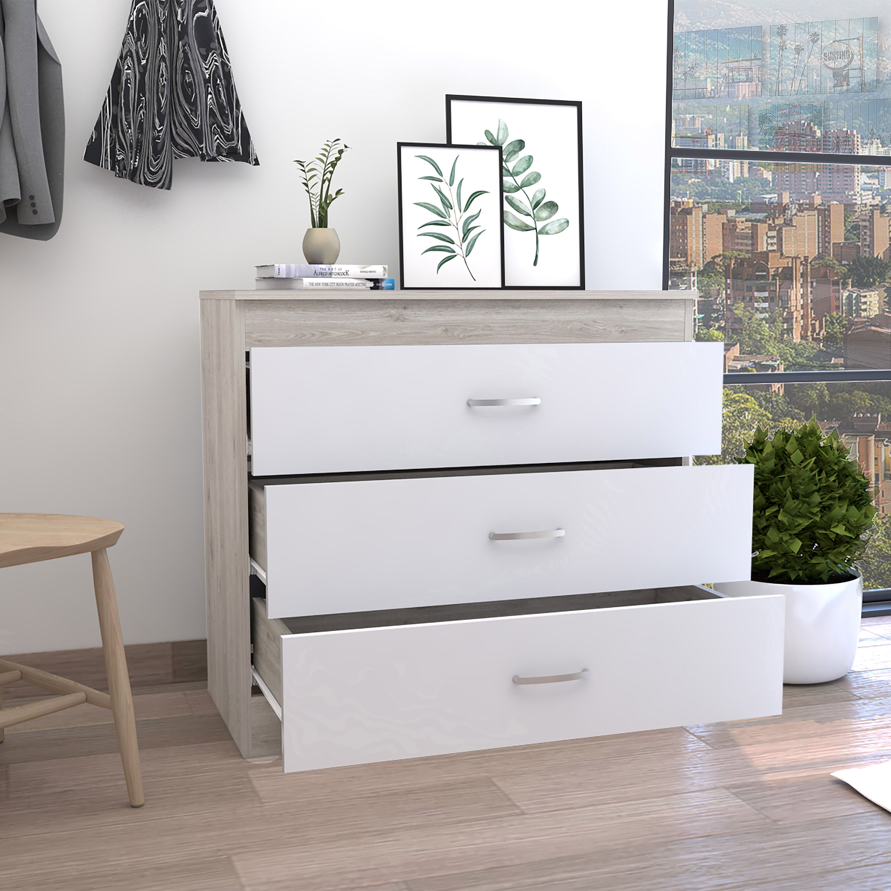 Zurich Three Drawers Dresser, Metal Hardware, Superior Top, Light Gray / White - Luciddepo