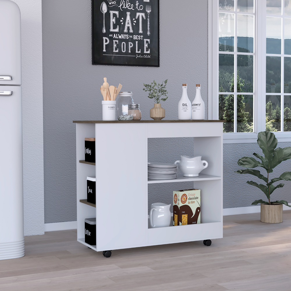 Pl Kitchen Cart Two Storage Shelves, Three Side Shelves, Four Casters, White / Dark Brown - Luciddepo