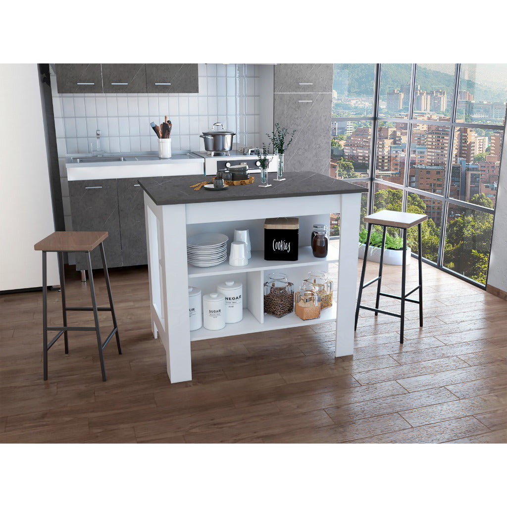 Delos Kitchen Island with Four Legs and Three Open Storage Shelves, White/Onix - Luciddepo