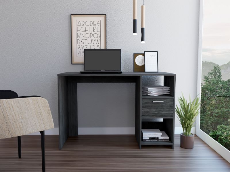 Naxos Computer Desk with 1-Drawer and 2-Open Storage Shelves, Smokey Oak - Luciddepo