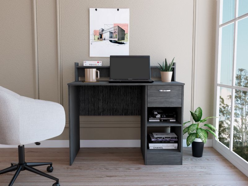Vera Computer Desk with Top Open Shelf, 1-Drawer and 2-Storage Shelves, Smokey Oak - Luciddepo