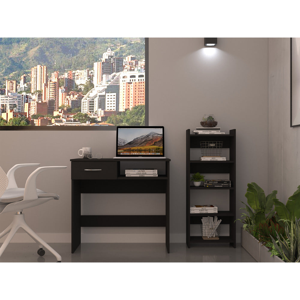 Treia Home Office Set, Two Parts Set, One Drawer, Desktop, Keyboard Tray, Stand, Five Shelves, Black - Luciddepo