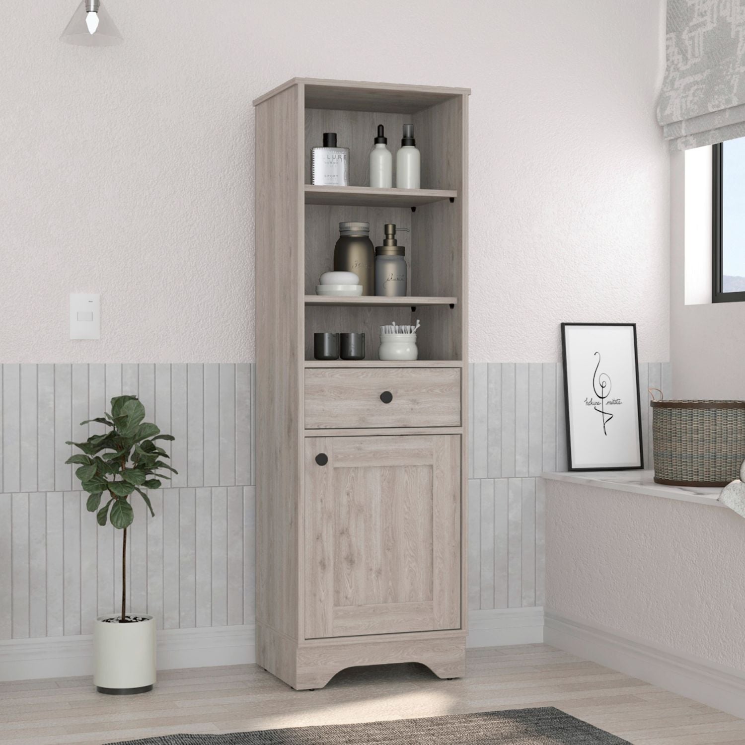 Norwalk Linen Single Door Cabinet, Three External Shelves, One Drawer, Two Interior Shelves, Light Gray - Luciddepo