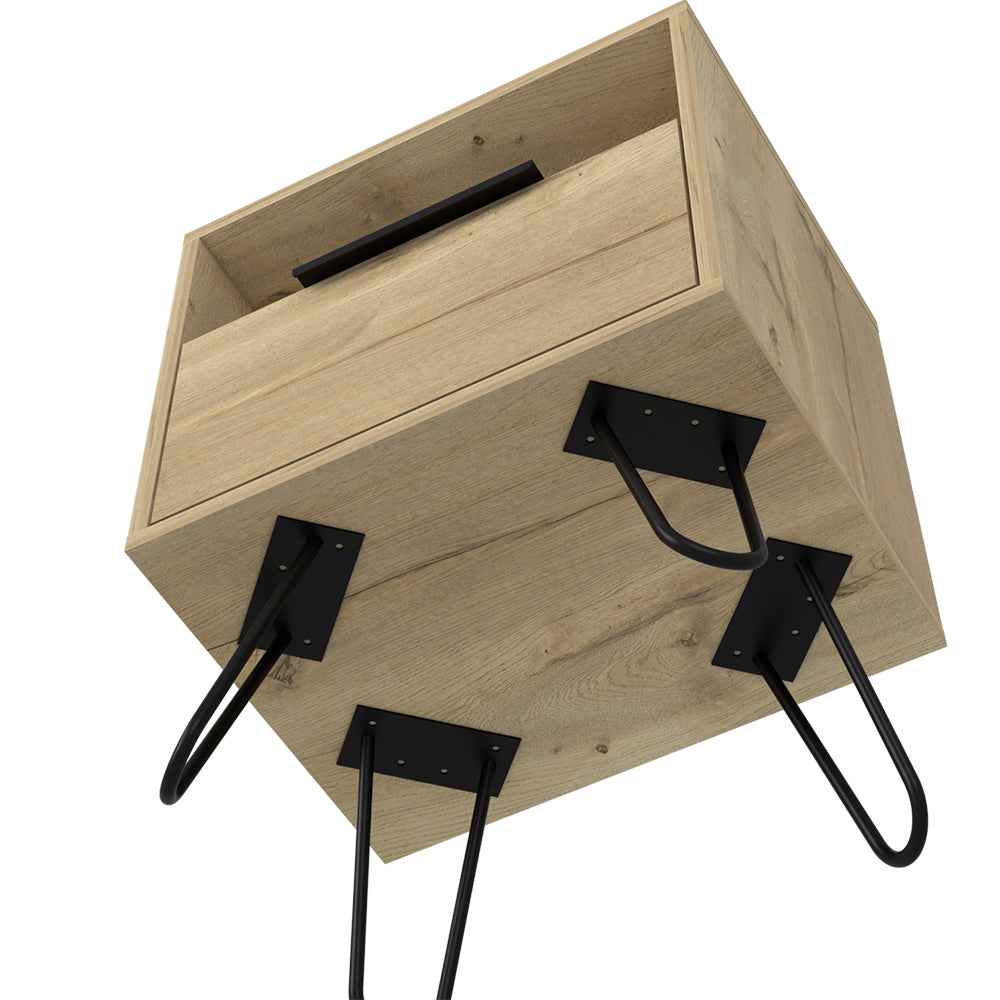 Begonia Nightstand, Shelf, Single Door Cabient, Hairpin Legs, Light Oak