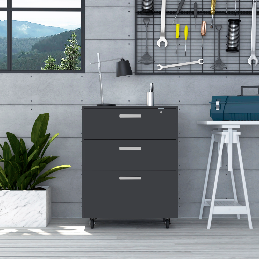 Danbury Storage Cabinet Drawer, Three Drawers, Top Surface, Four Casters, Black