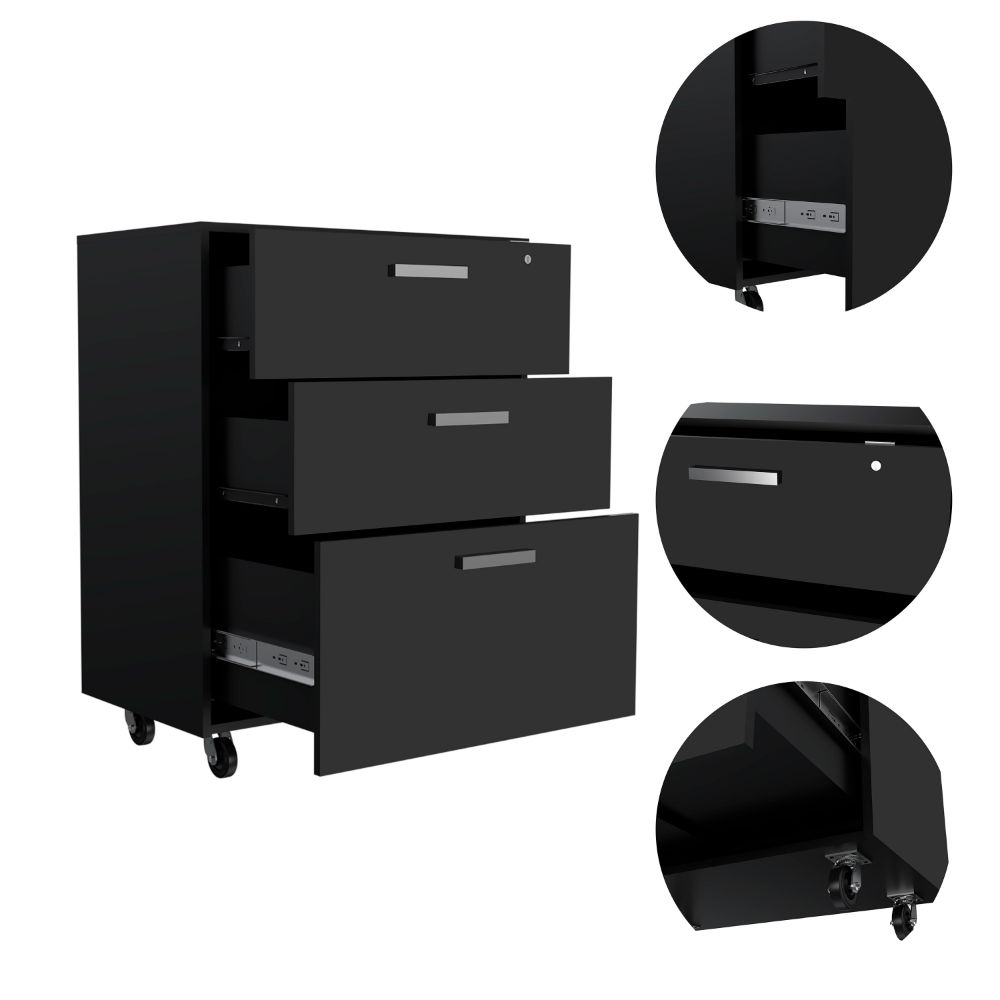 Danbury Storage Cabinet Drawer, Three Drawers, Top Surface, Four Casters, Black - Luciddepo