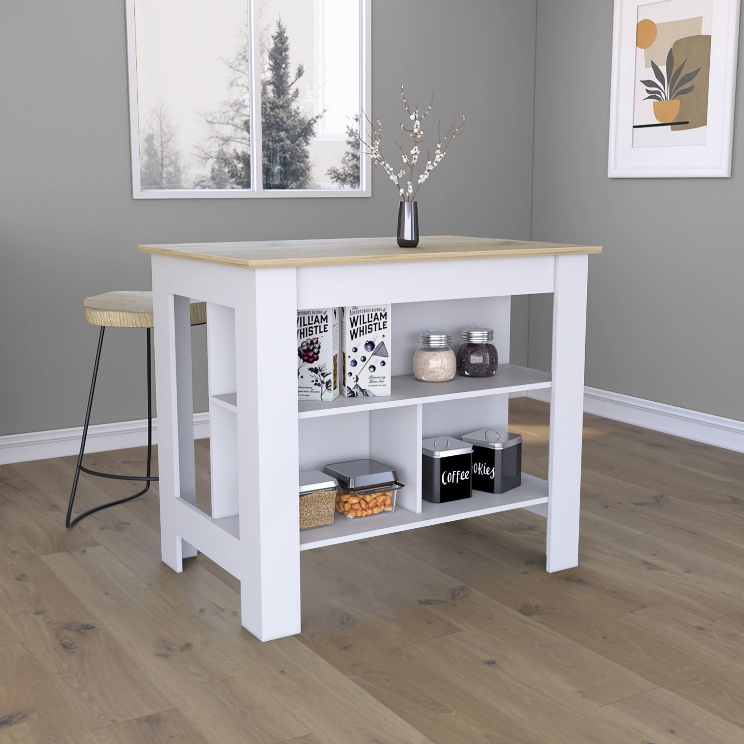 Delos Kitchen Island, Four Legs, Three Shelves, White / Light Oak - Luciddepo