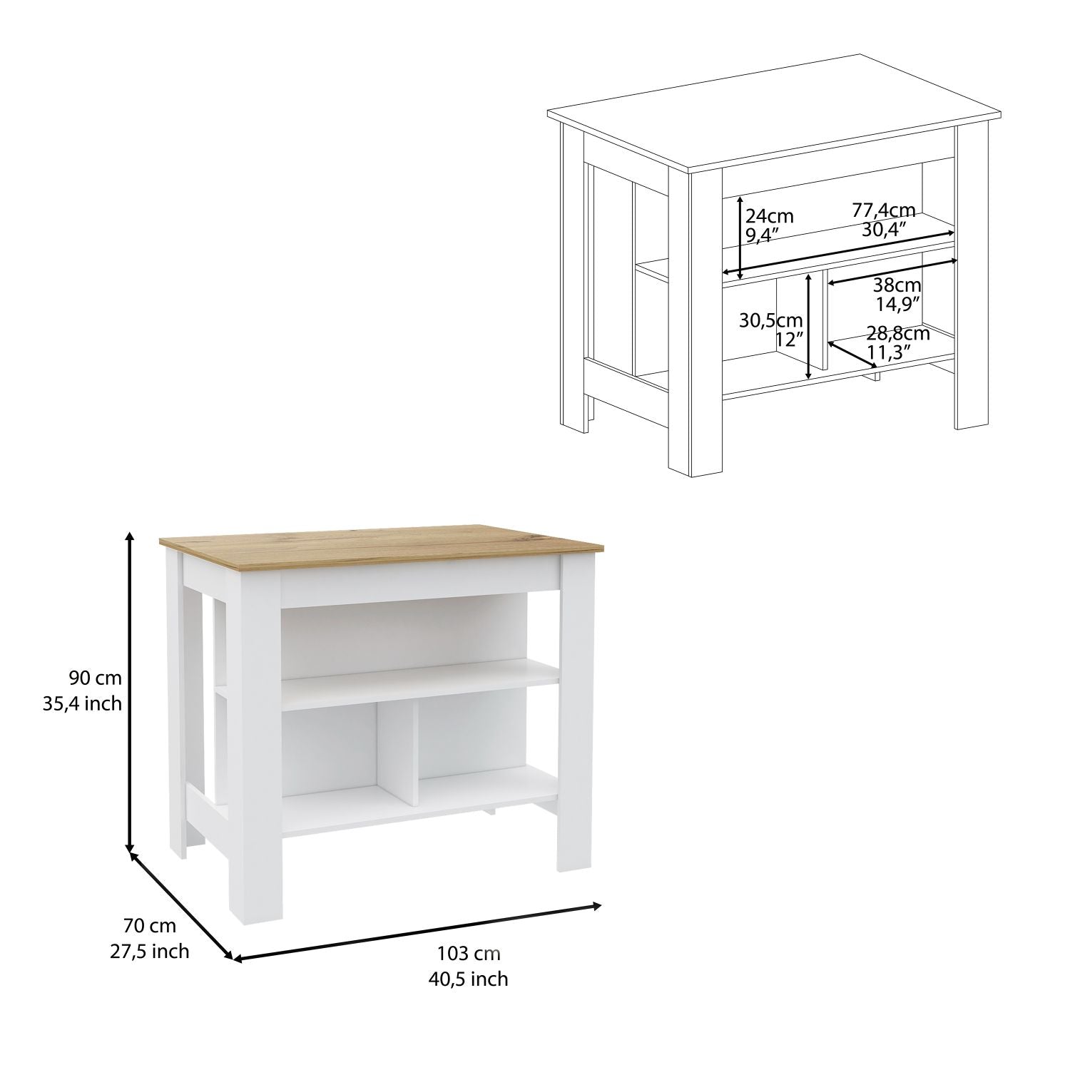 Delos Kitchen Island, Four Legs, Three Shelves, White / Light Oak - Luciddepo