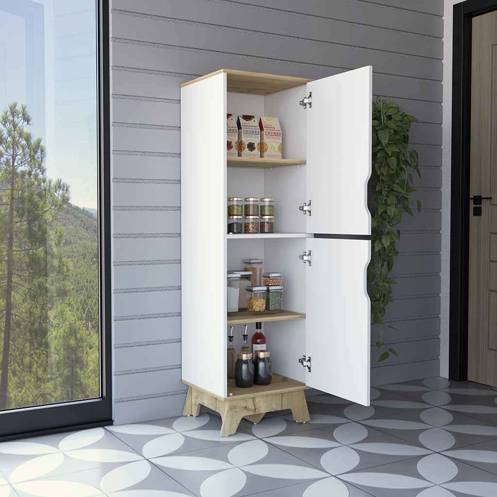 Dahoon Single Kitchen Pantry Double Doors Cabinets, Four Shelves, Light oak / White