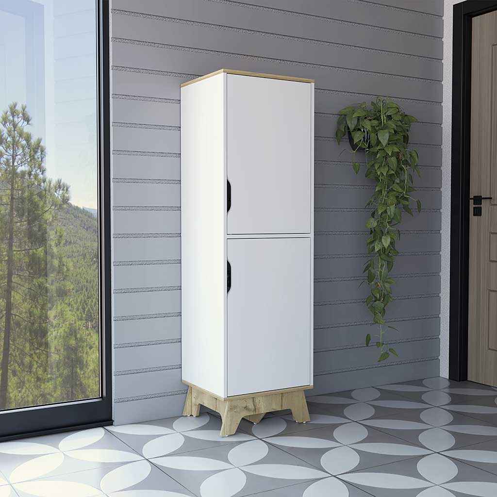 Dahoon Single Kitchen Pantry Double Doors Cabinets, Four Shelves, Light oak / White