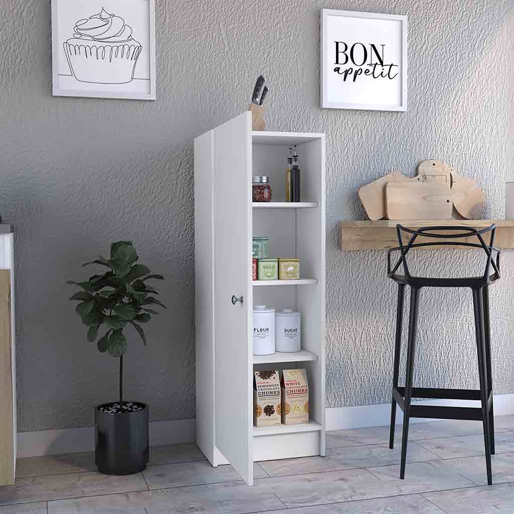 Uluru Kitchen Pantry with Single Door Cabinet and Four Interior Shelves, White - Luciddepo