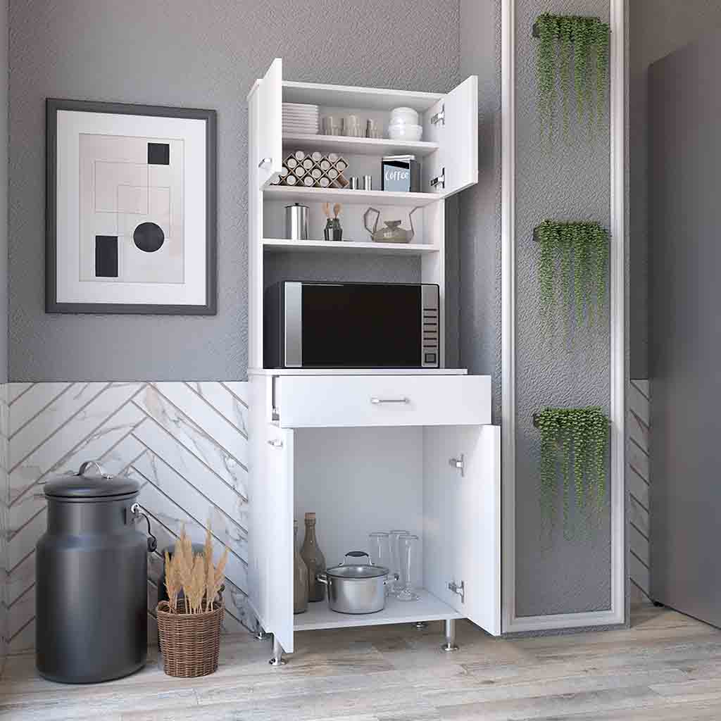 Helis 60 Pantry Double Door Cabinet, One Drawer, Four Legs, Three Shelves , White - Luciddepo