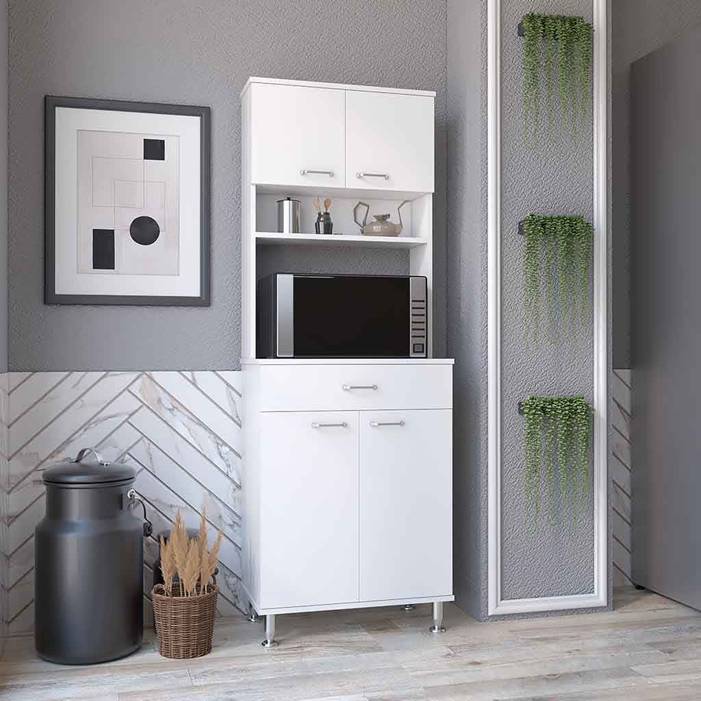 Helis 60 Pantry Double Door Cabinet, One Drawer, Four Legs, Three Shelves , White