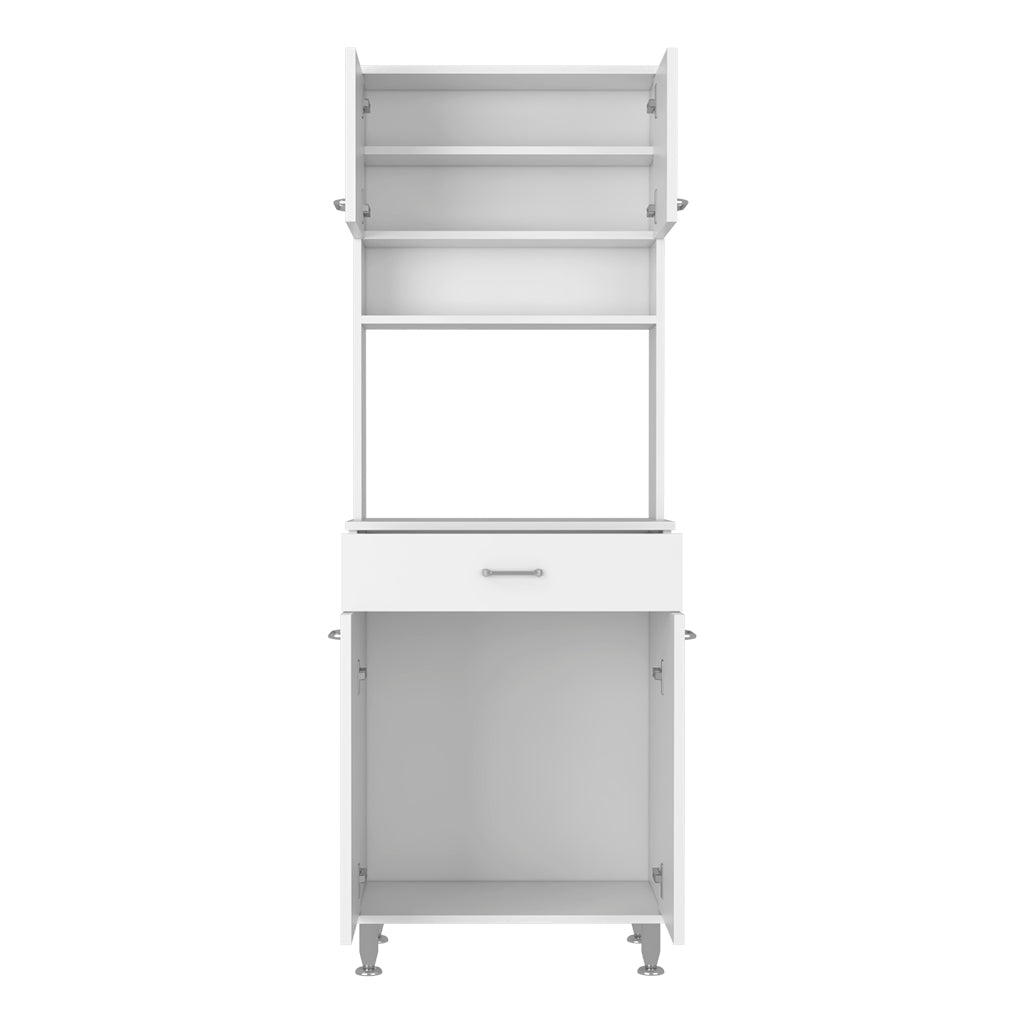Helis 60 Pantry Double Door Cabinet, One Drawer, Four Legs, Three Shelves , White - Luciddepo