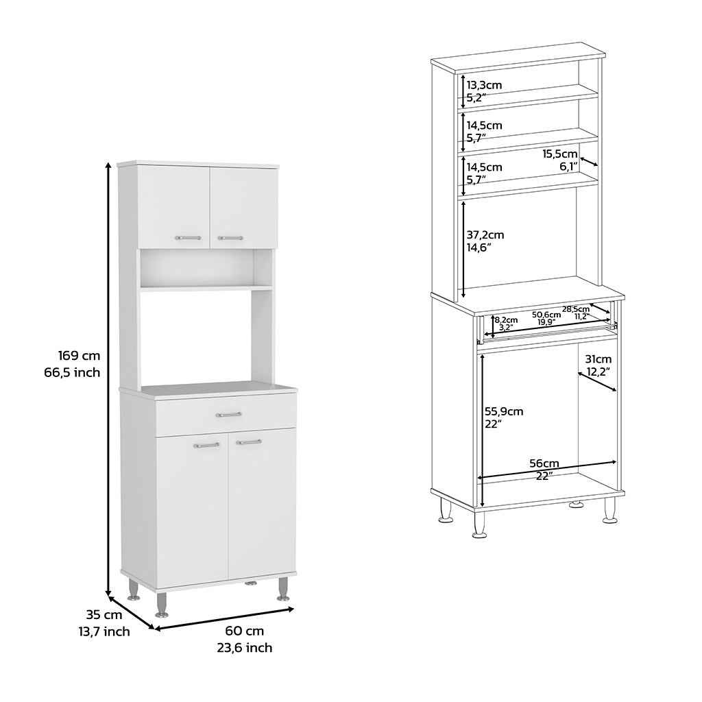Helis 60 Pantry Double Door Cabinet, One Drawer, Four Legs, Three Shelves , White