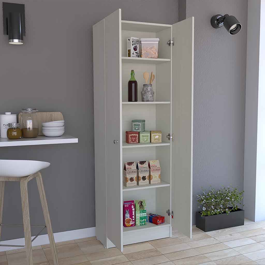 Dakari Multistorage Double Door Cabinet, Five Shelves, White Washed Oak