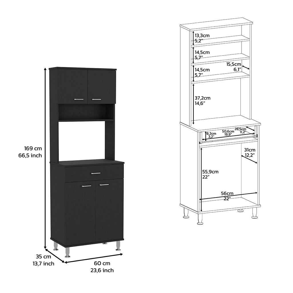 Helis 60 Pantry Double Door Cabinet, One Drawer, Four Legs, Three Shelves , Black