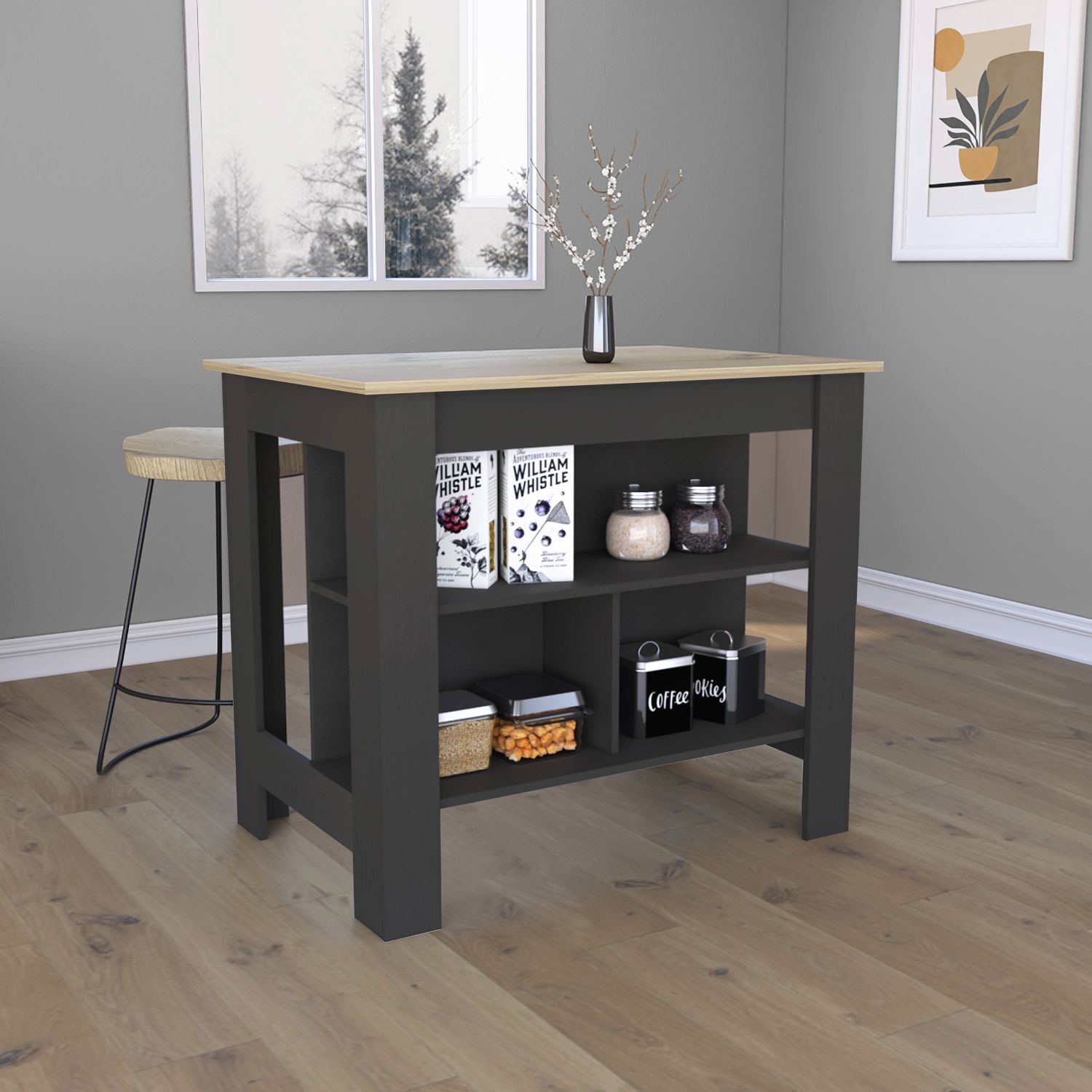 Delos Kitchen Island, Four Legs, Three Shelves, Black / Light Oak - Luciddepo