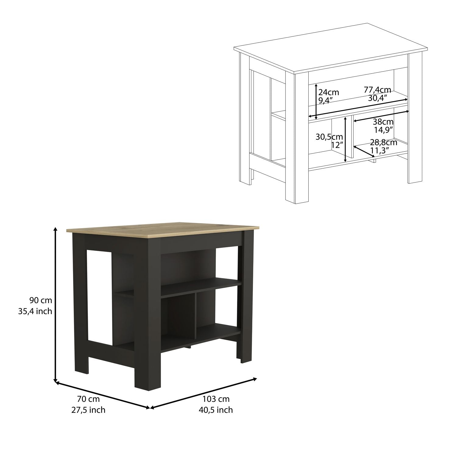Delos Kitchen Island, Four Legs, Three Shelves, Black / Light Oak - Luciddepo