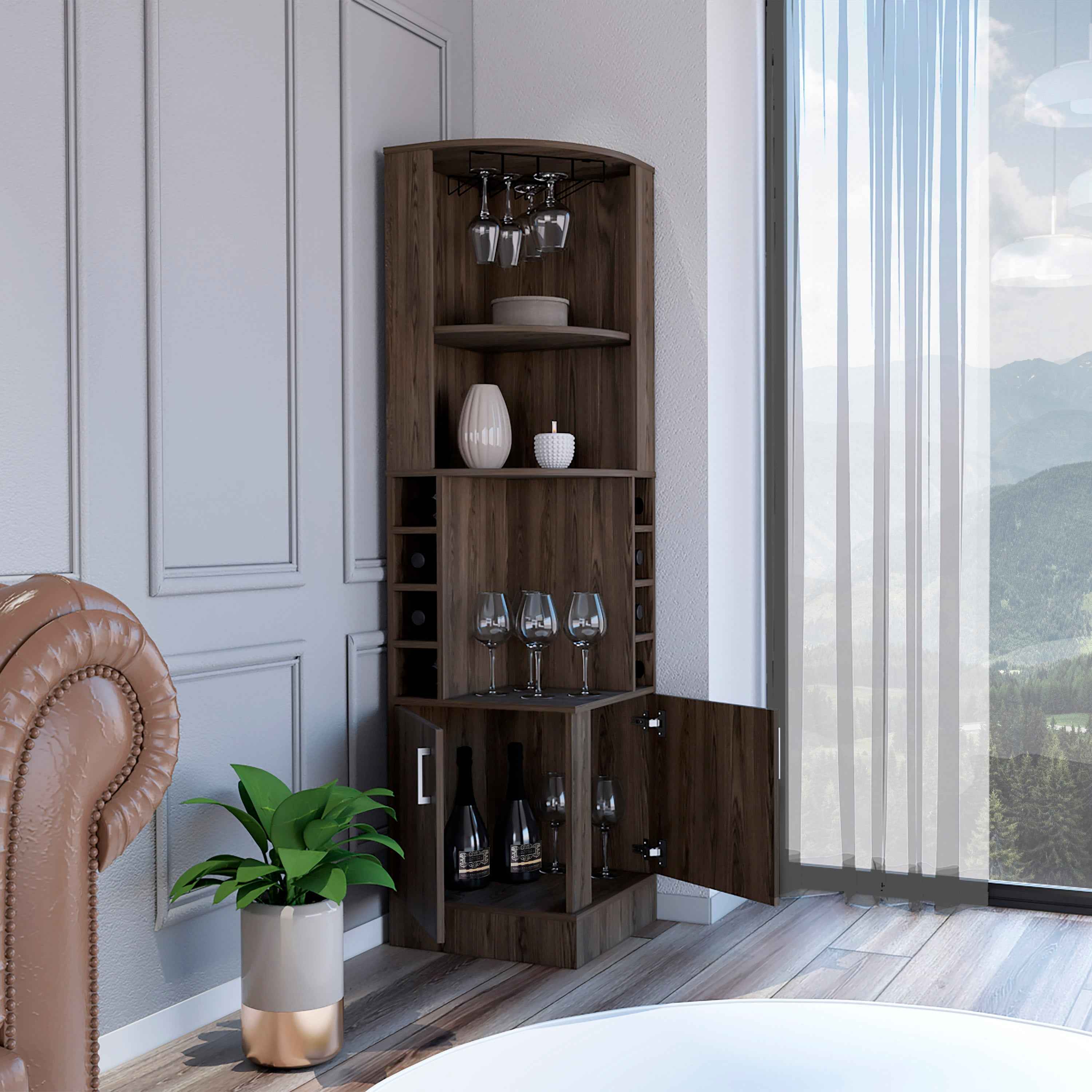 Egina Corner Bar Cabinet, Two External Shelves, Dark Walnut