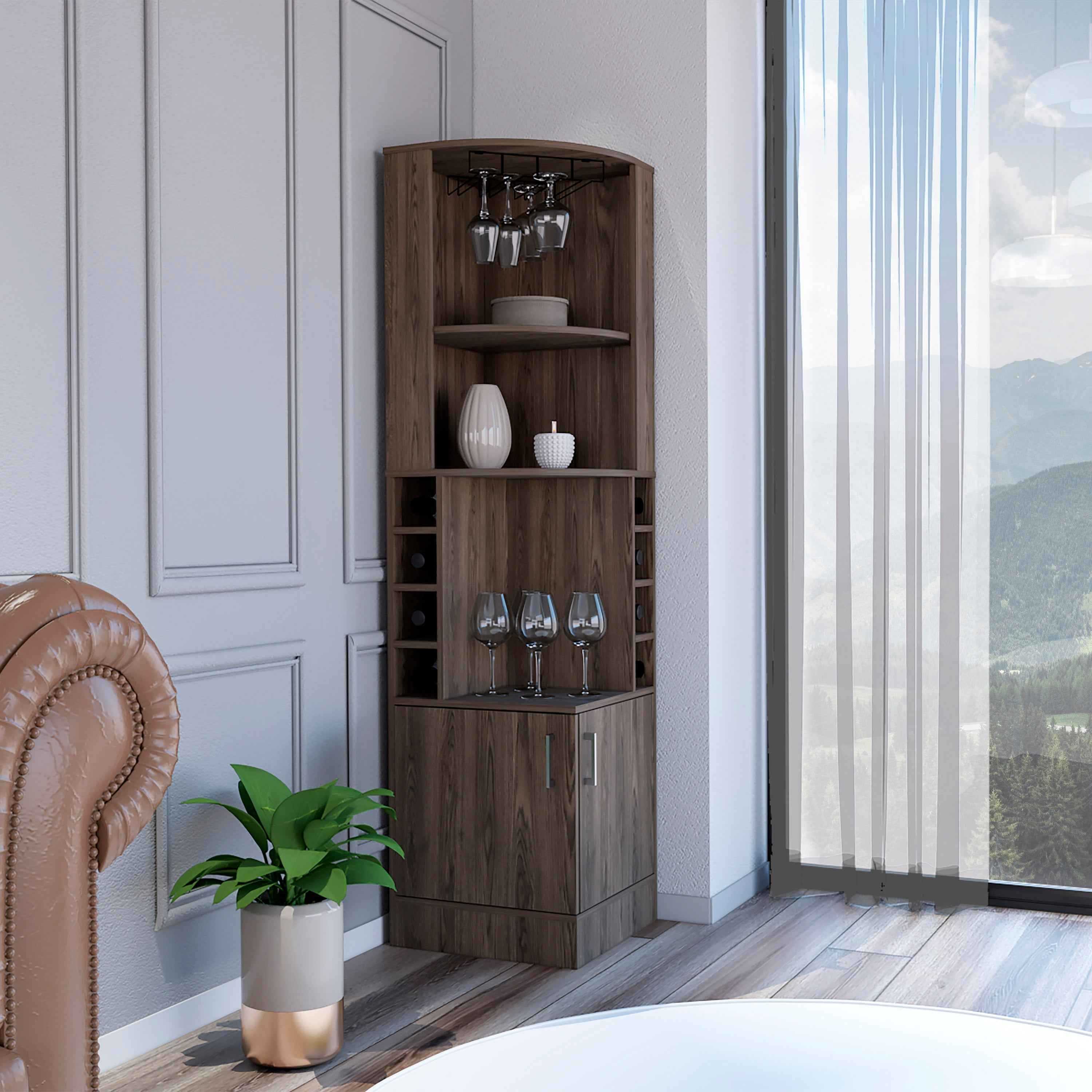 Egina Corner Bar Cabinet, Two External Shelves, Dark Walnut